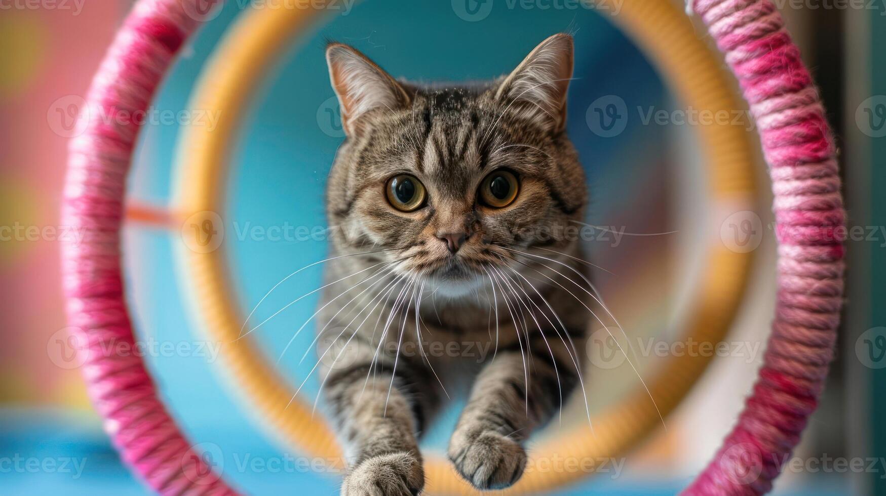 A playful cat jumps through a colorful hoop, showcasing agility and curiosity. photo