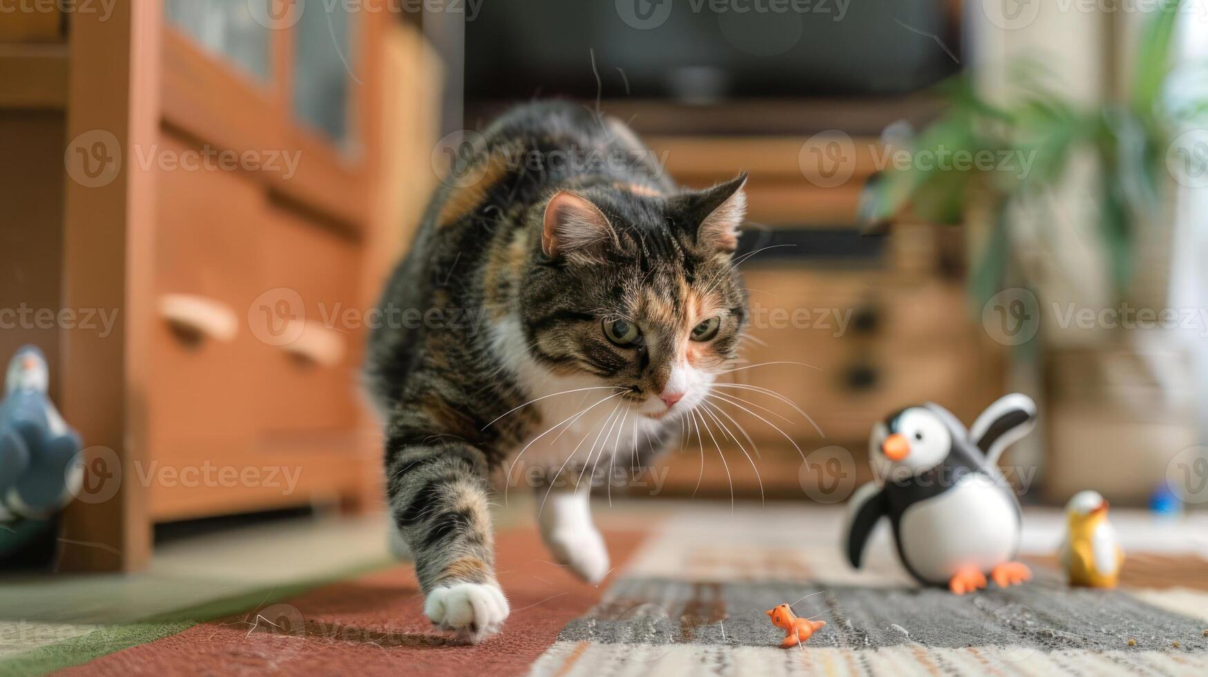 A playful cat approaches toys on a colorful rug in a cozy living space. photo