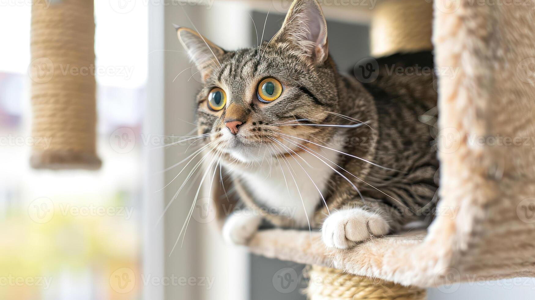 A focused cat perched on a scratching post, observing its surroundings intently. photo