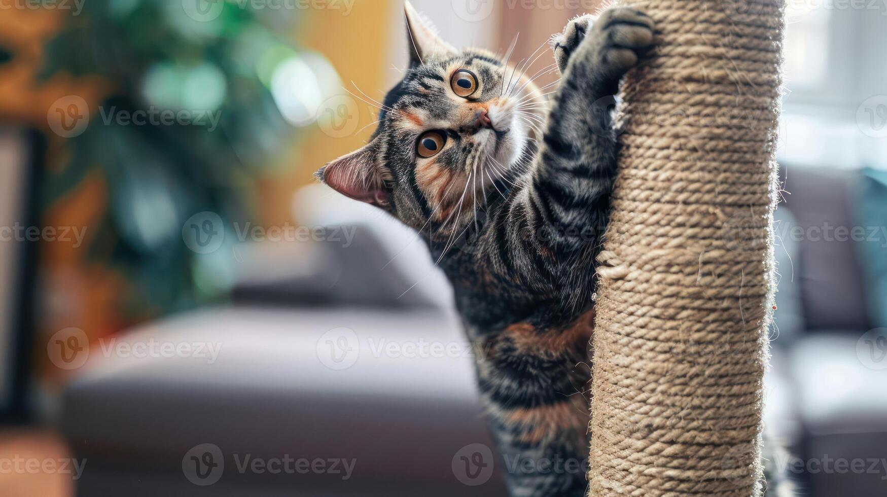A playful cat climbing a scratching post in a cozy indoor setting. photo