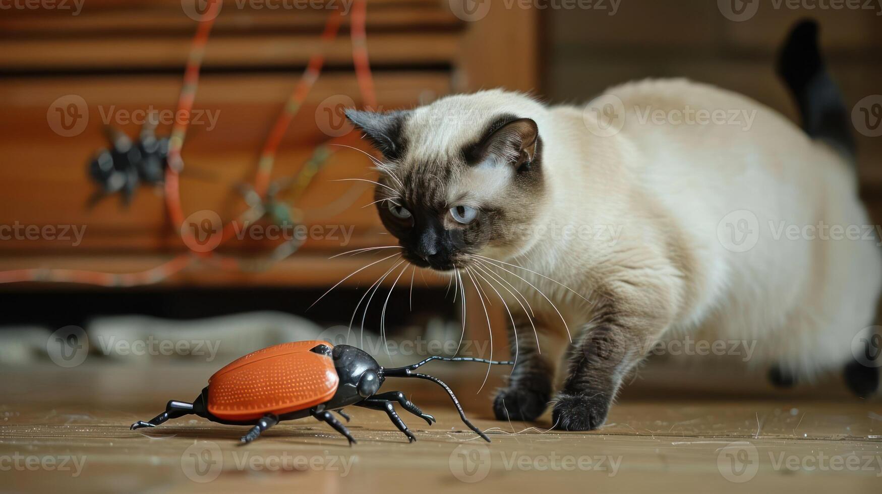 A cat curiously observes a large, realistic-looking beetle on the floor. photo