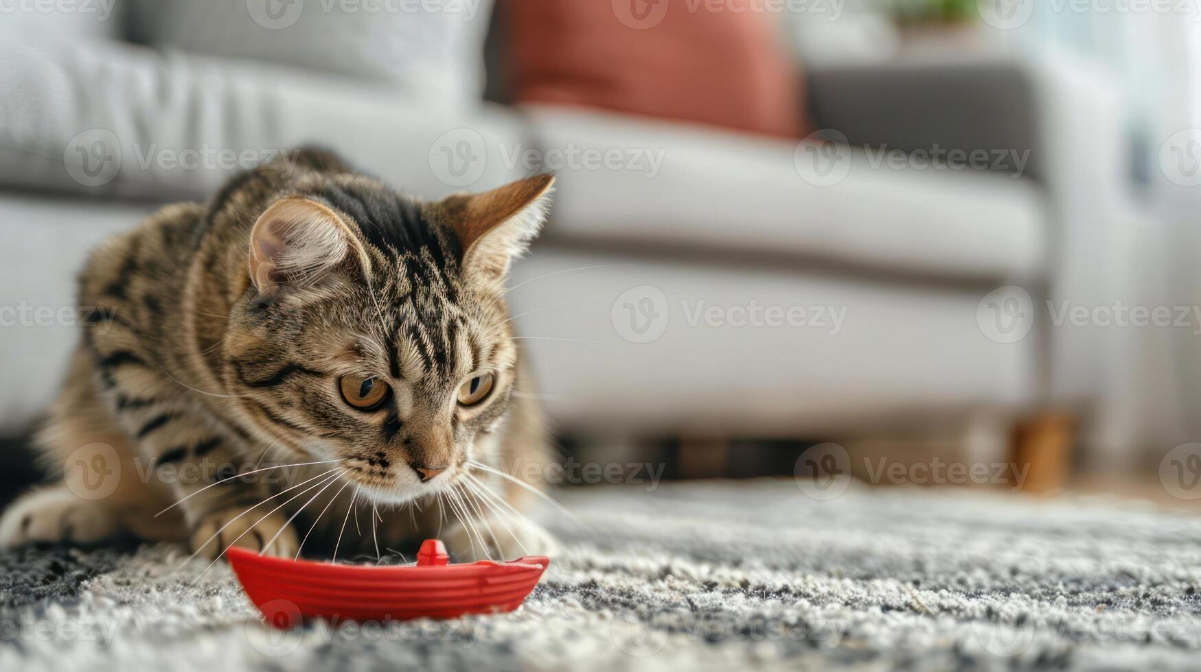 A playful cat intently focused on a small red toy boat on a cozy rug. photo