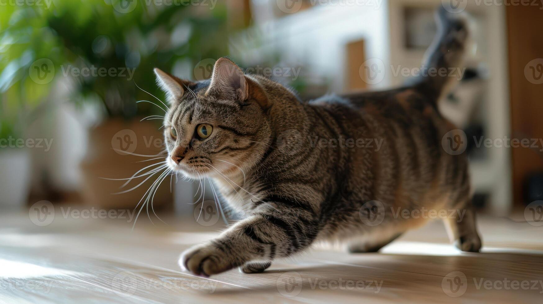 A tabby cat gracefully walks across a wooden floor in a cozy indoor setting. photo