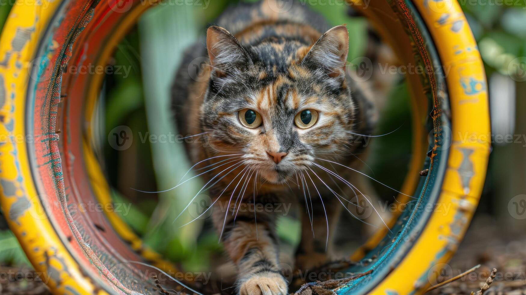 A curious cat exploring a colorful tunnel in a lush garden setting. photo