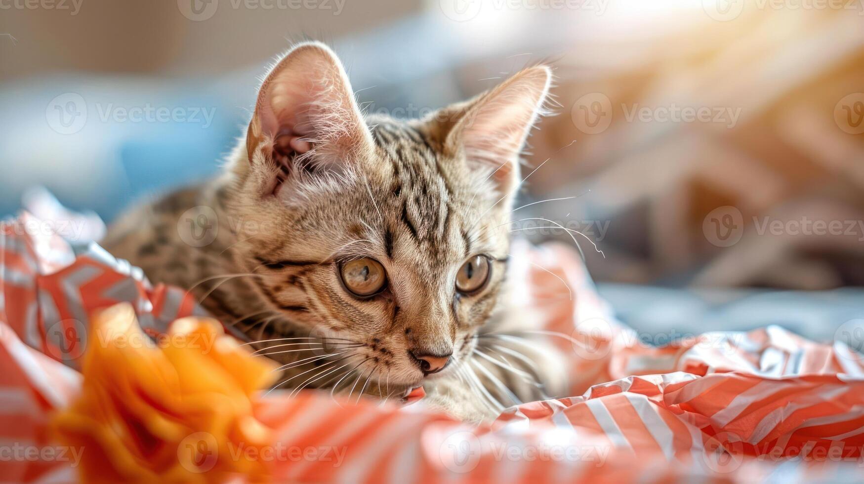A playful kitten resting on colorful crumpled paper. photo