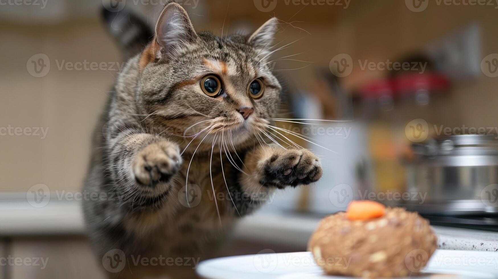 A cat leaps towards a treat on a plate, showcasing playful curiosity. photo
