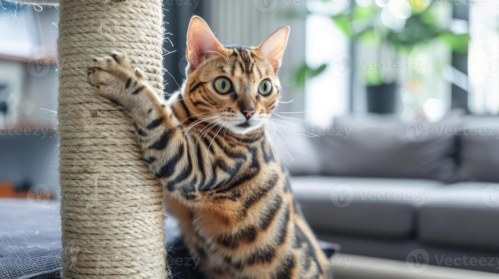 A Bengal cat scratching a sisal post in a modern living room setting. photo
