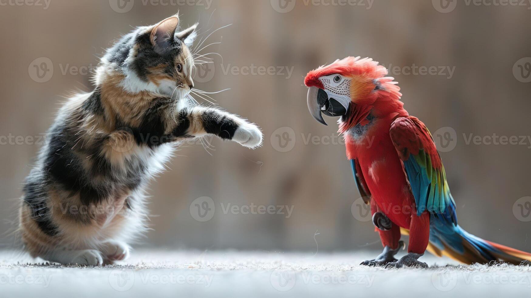 A cat playfully interacts with a colorful parrot in a warm, natural setting. photo
