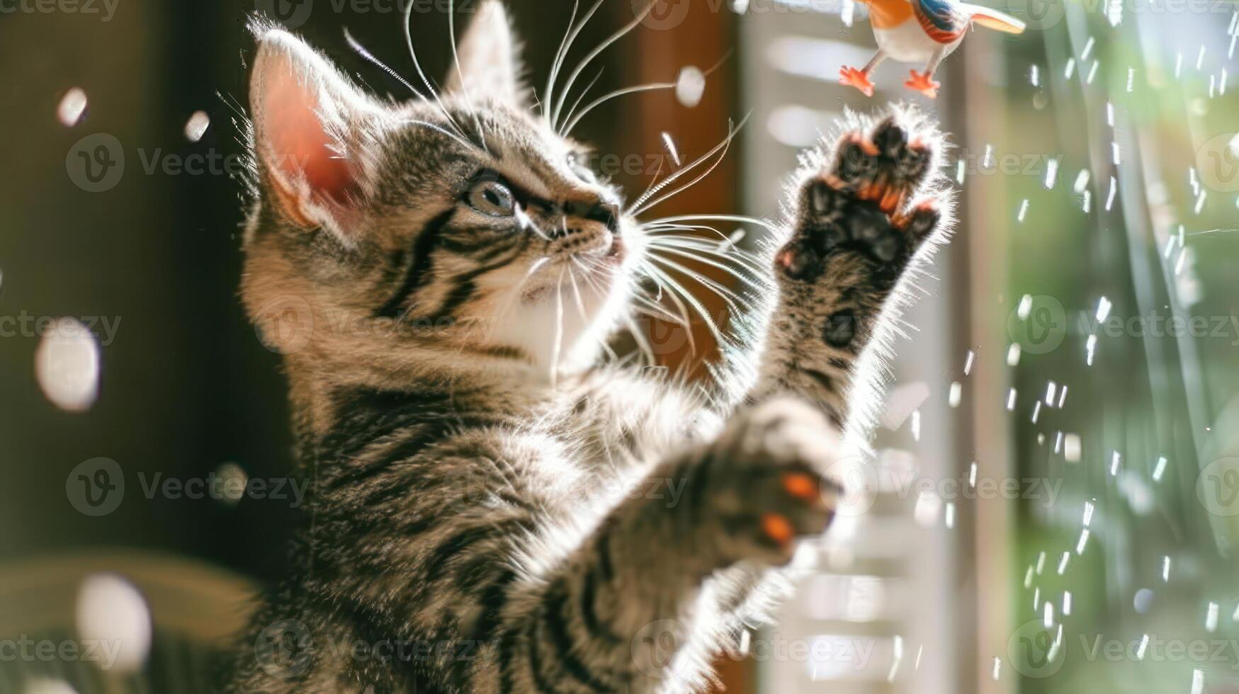 A playful kitten reaching for a toy bird amidst a sunlit, sparkling environment. photo