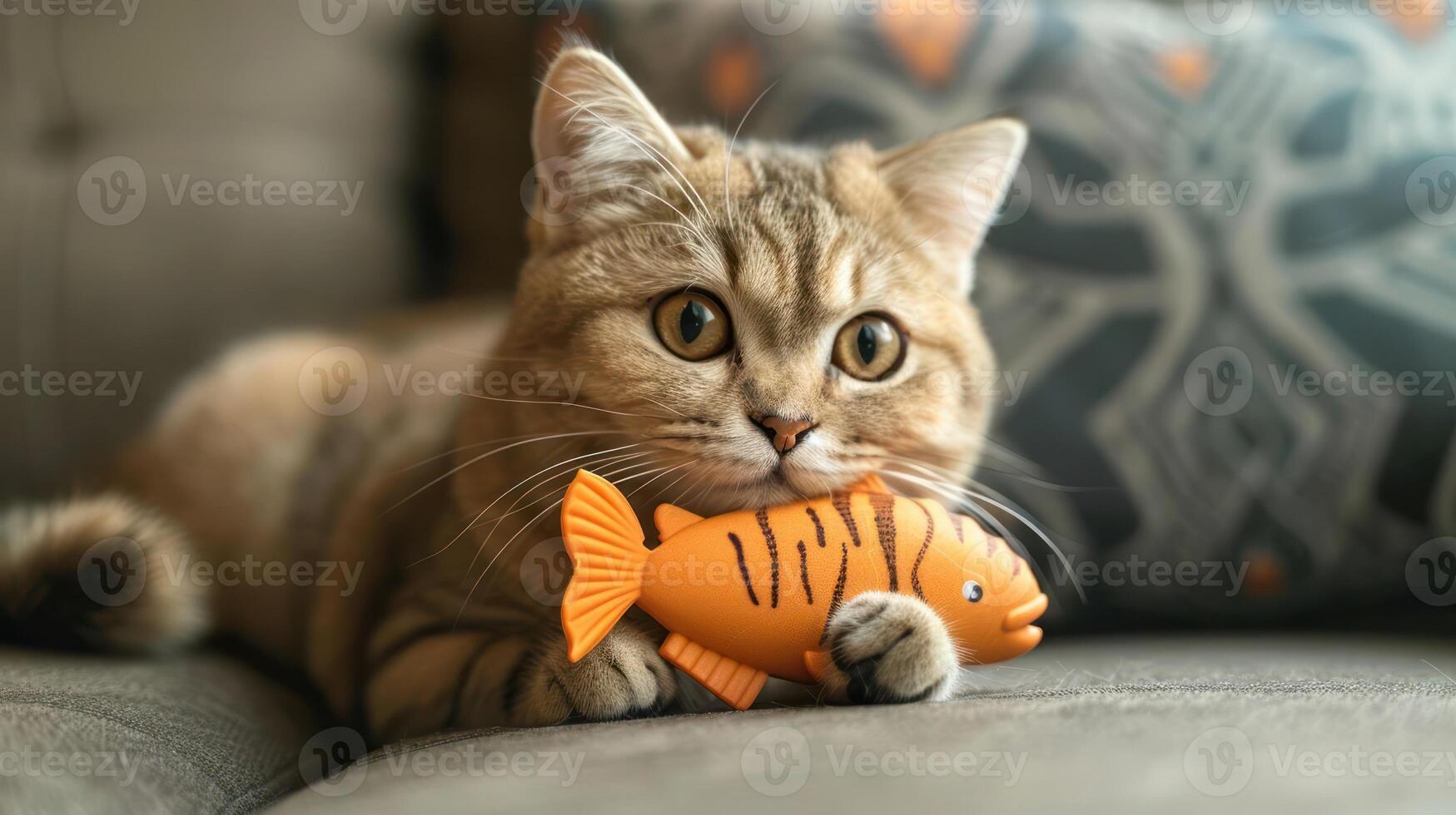 A playful cat holds an orange fish toy, showcasing its curiosity and playfulness. photo