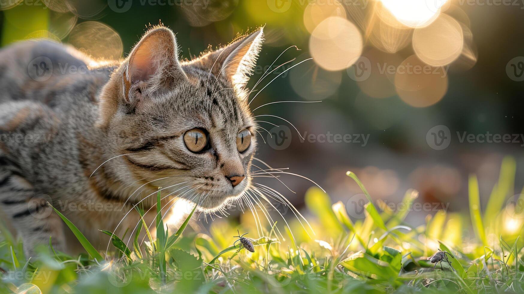 A curious cat crouches in grass, illuminated by soft sunlight, showcasing its playful nature. photo