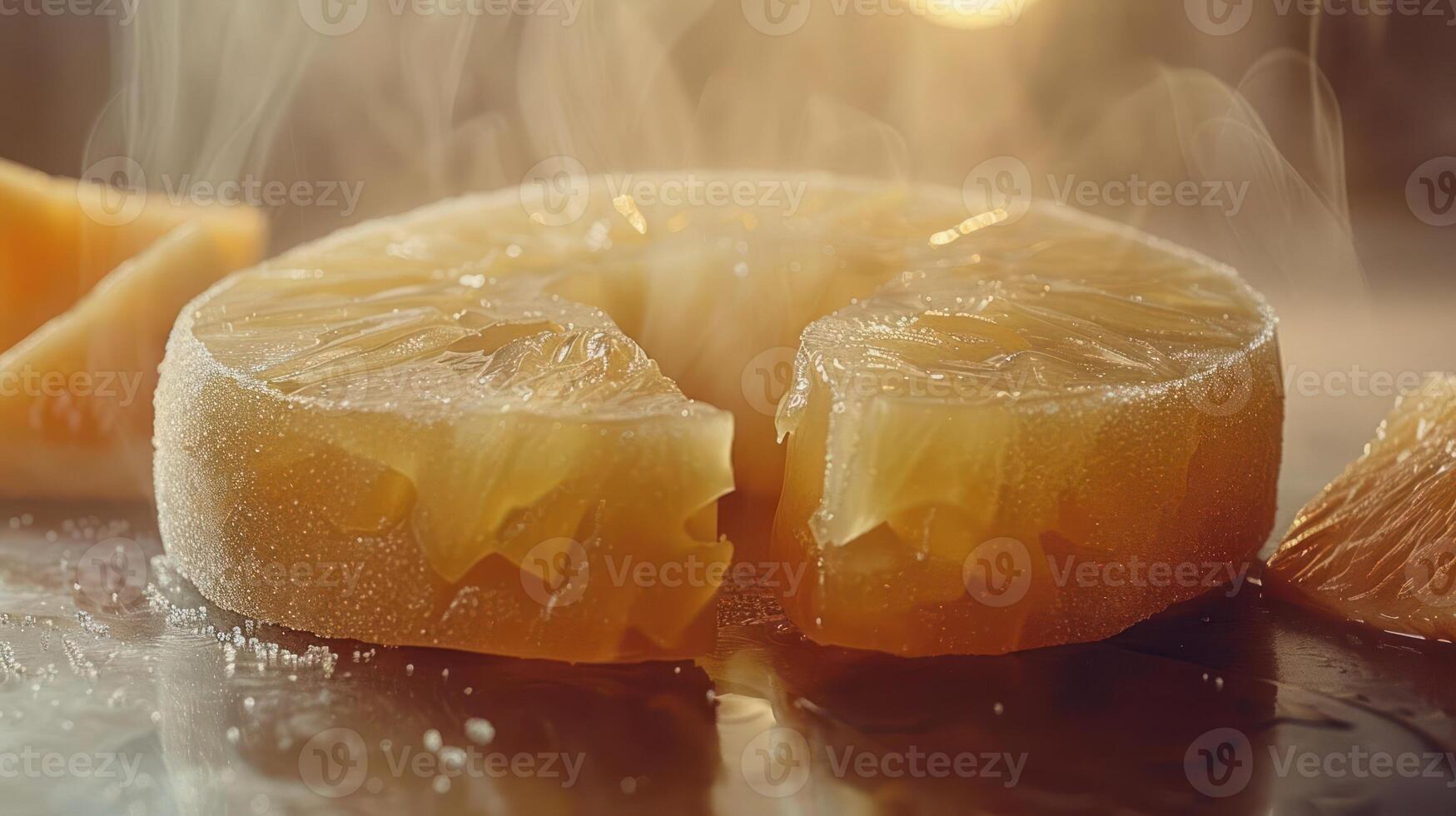 A close-up of a sliced, frozen pineapple with steam rising, highlighting its juicy texture. photo