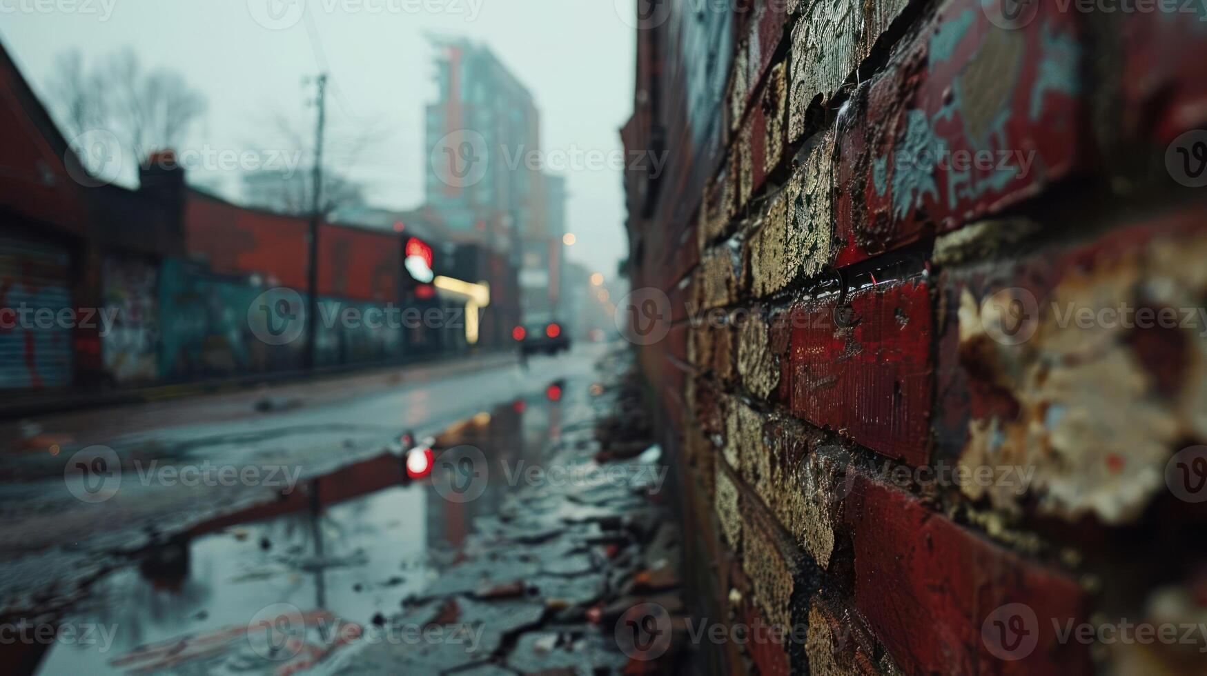 A moody urban scene with a wet street reflecting lights and textured brick walls. photo
