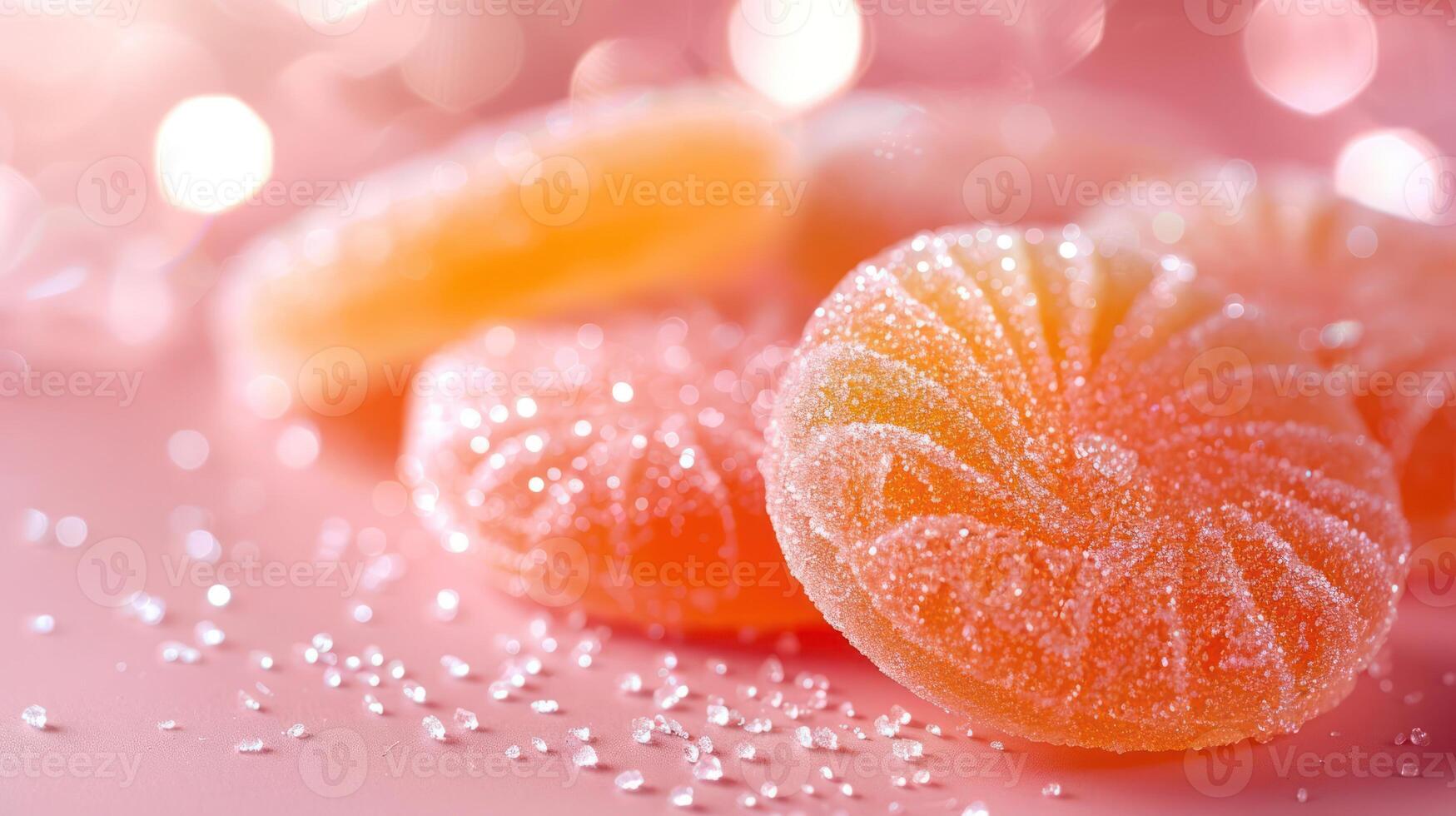 Colorful gummy candies sprinkled with sugar on a soft pink background. photo