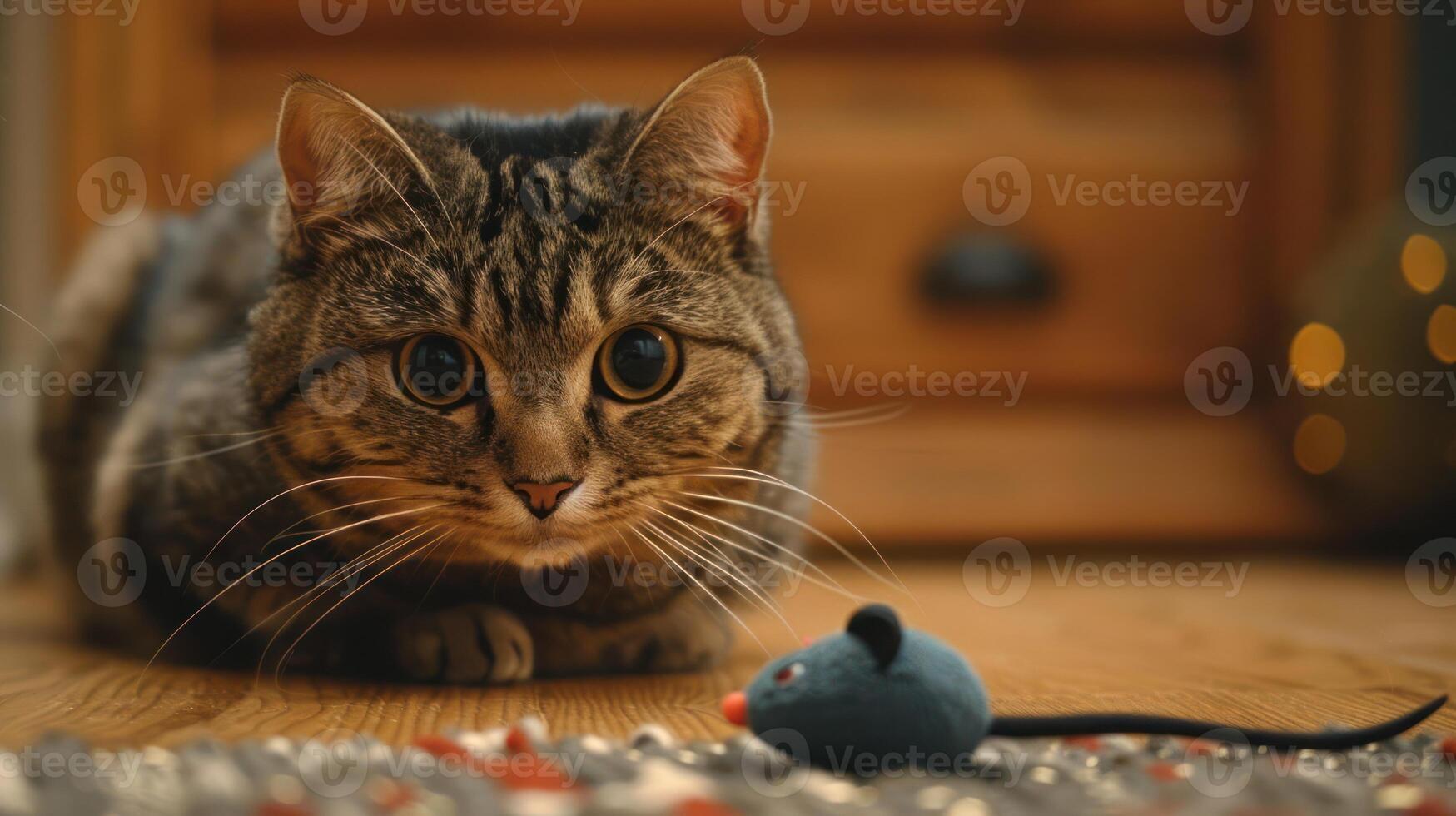 A curious cat poised to pounce on a toy mouse. photo