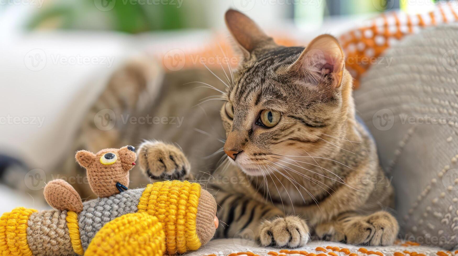 A playful cat interacts with a colorful knitted toy on a cozy couch. photo