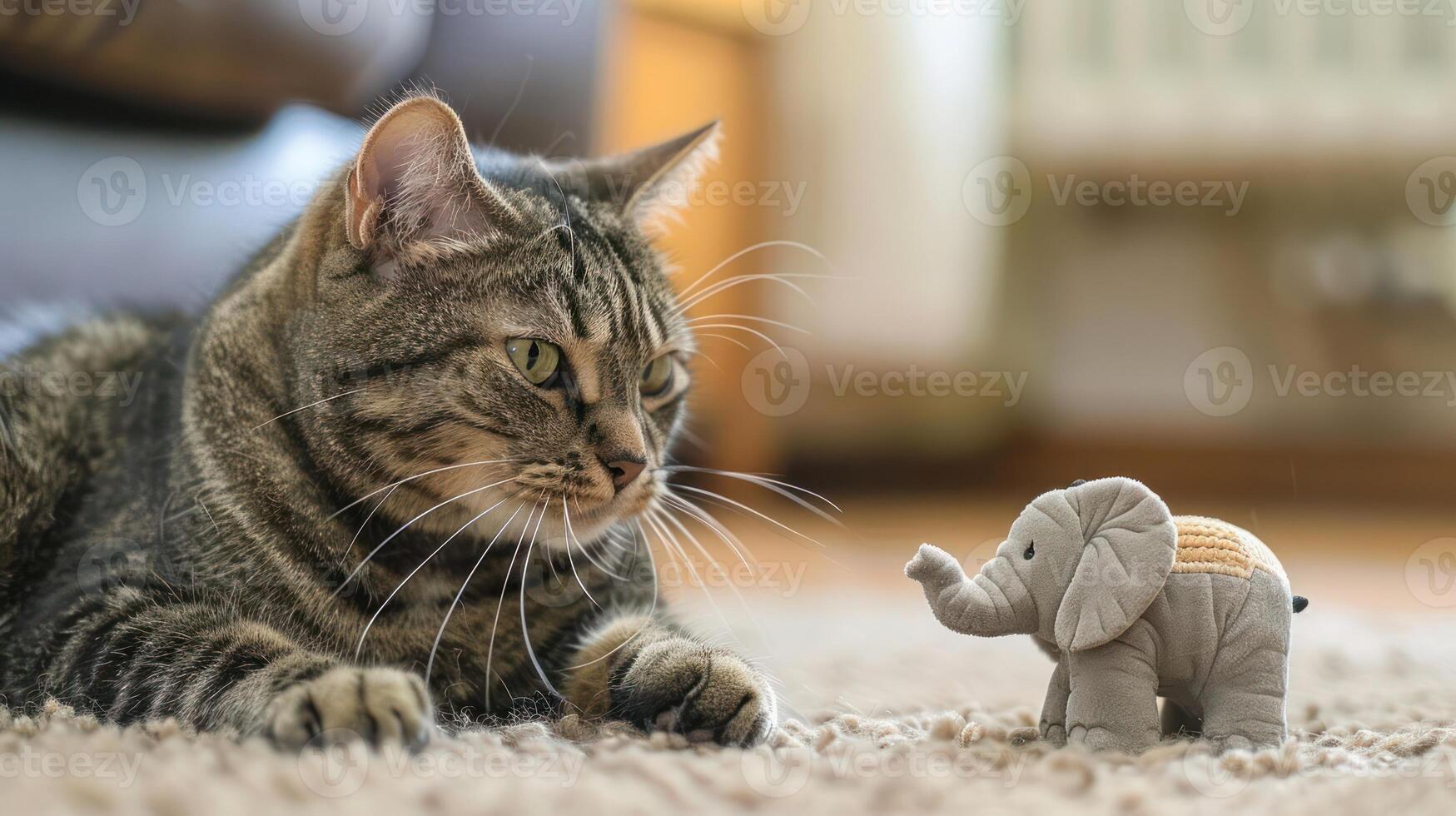 A cat curiously observes a small toy elephant on a carpet. photo