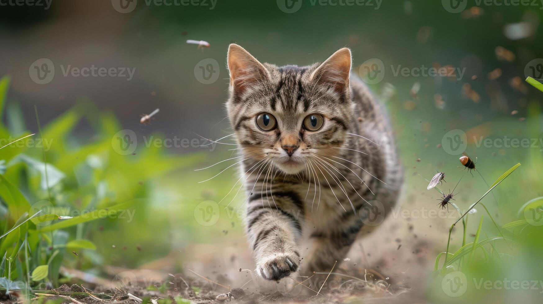 A playful tabby cat running through a grassy area, creating a lively scene. photo