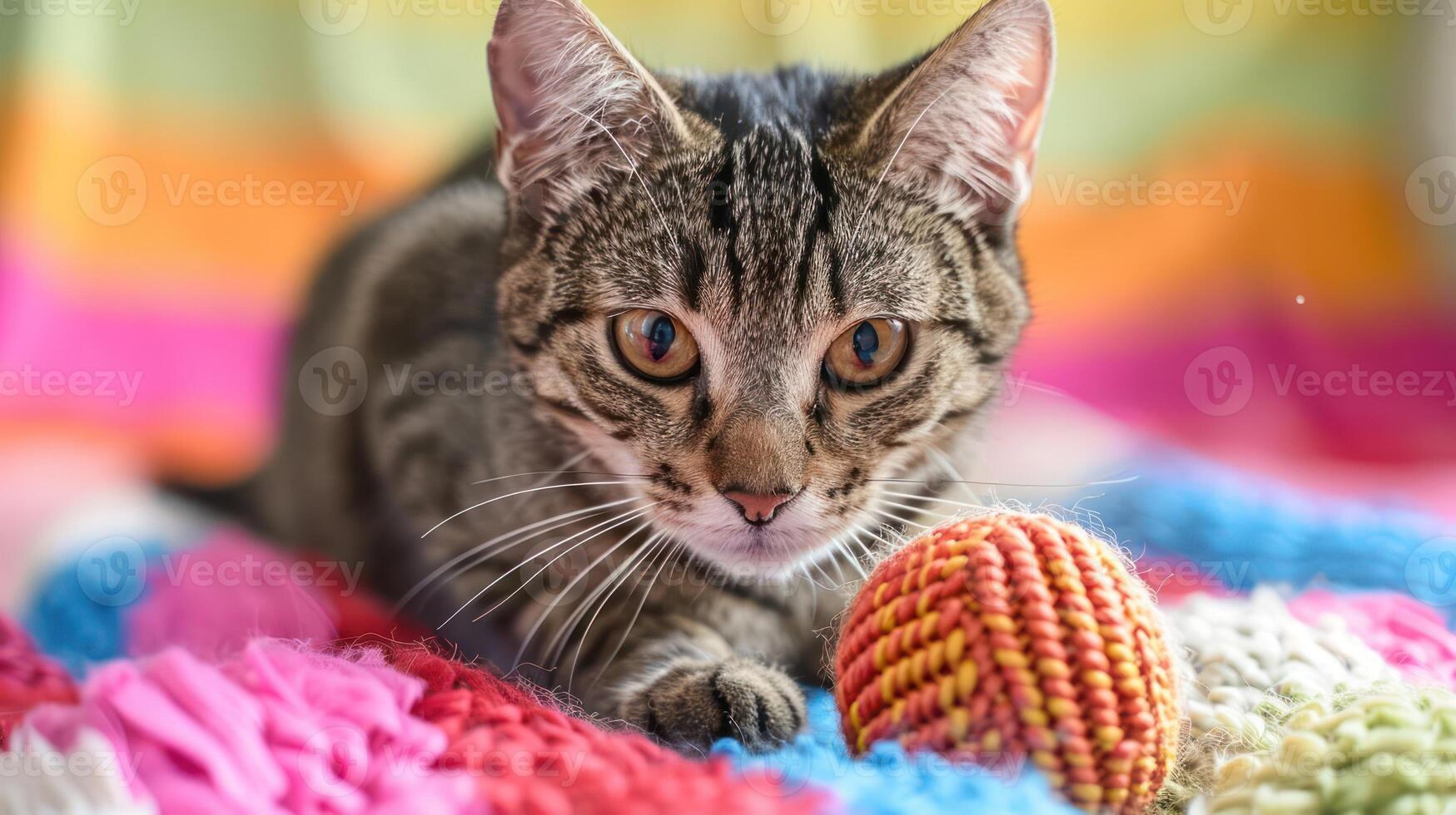 A playful tabby cat lounging beside a colorful yarn ball on a vibrant blanket. photo