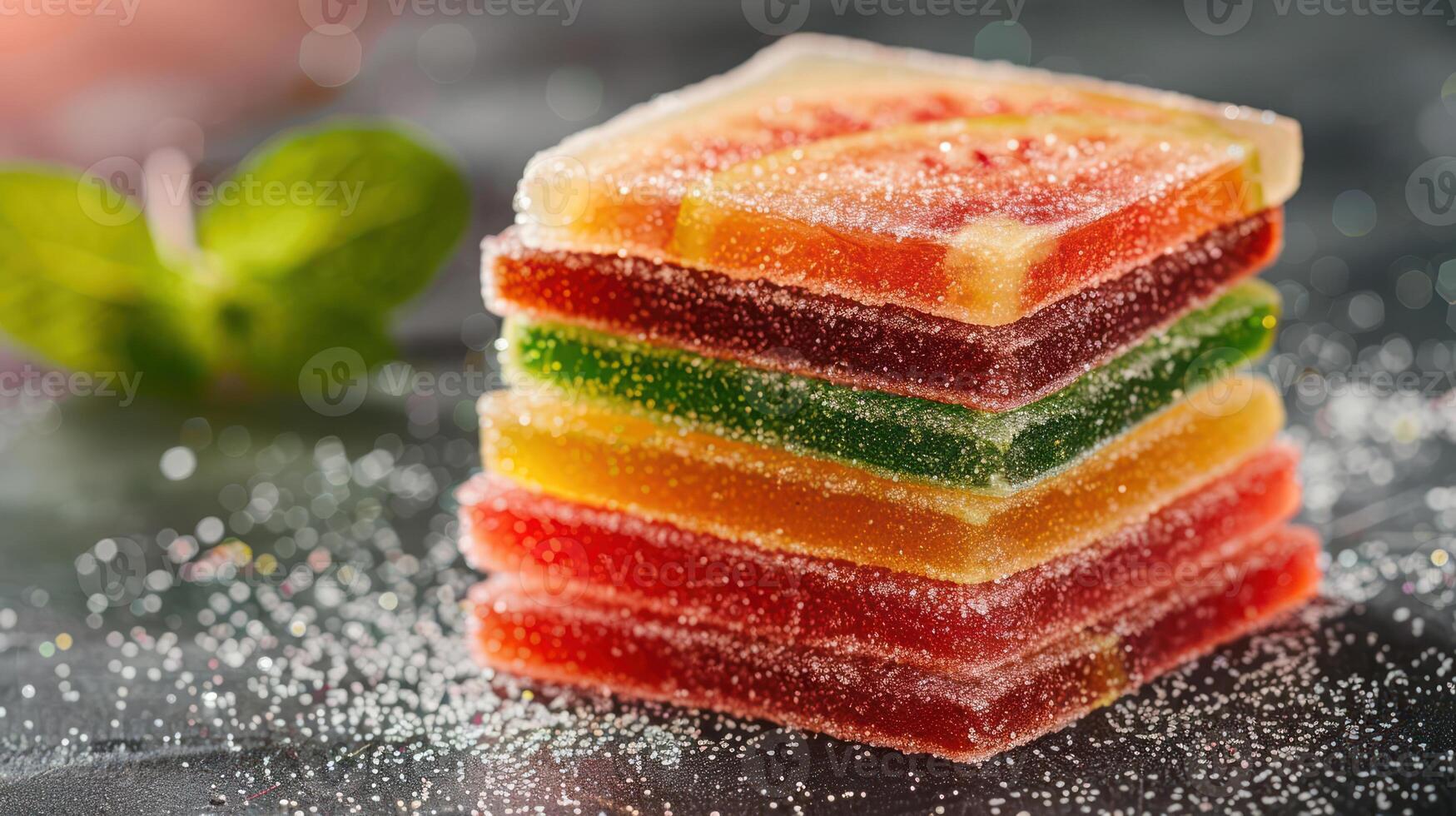 Colorful stacked gummy candies with a sprinkle of sugar and a mint leaf. photo