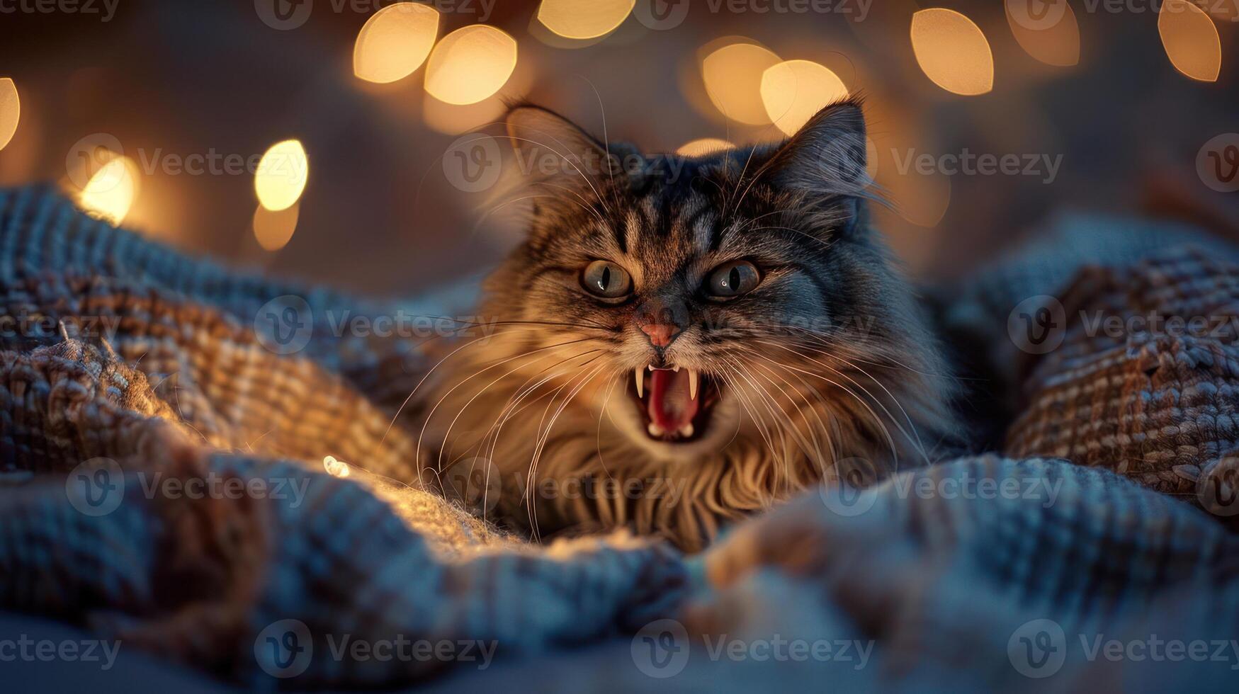 A close-up of a fierce-looking cat with bokeh lights in the background. photo