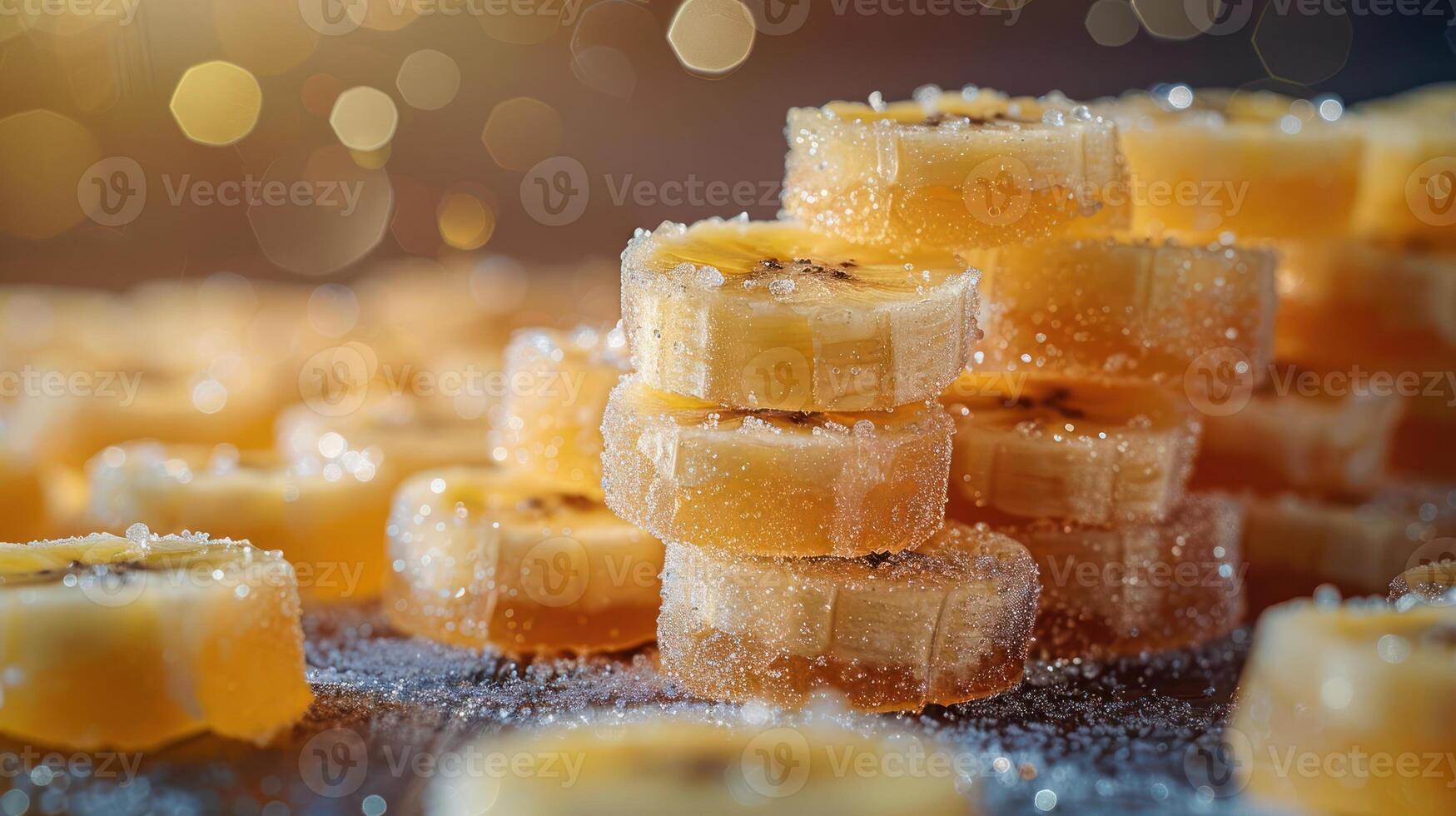 A close-up of stacked, glistening yellow candy slices with a sugary coating. photo