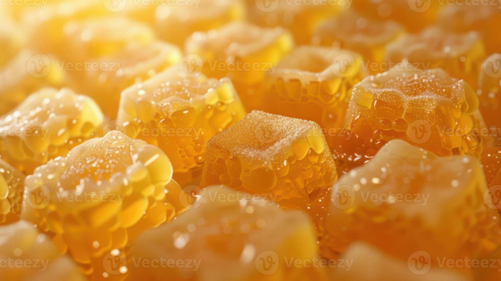 Close-up of glistening honeycomb pieces with droplets, showcasing their rich texture and color. photo