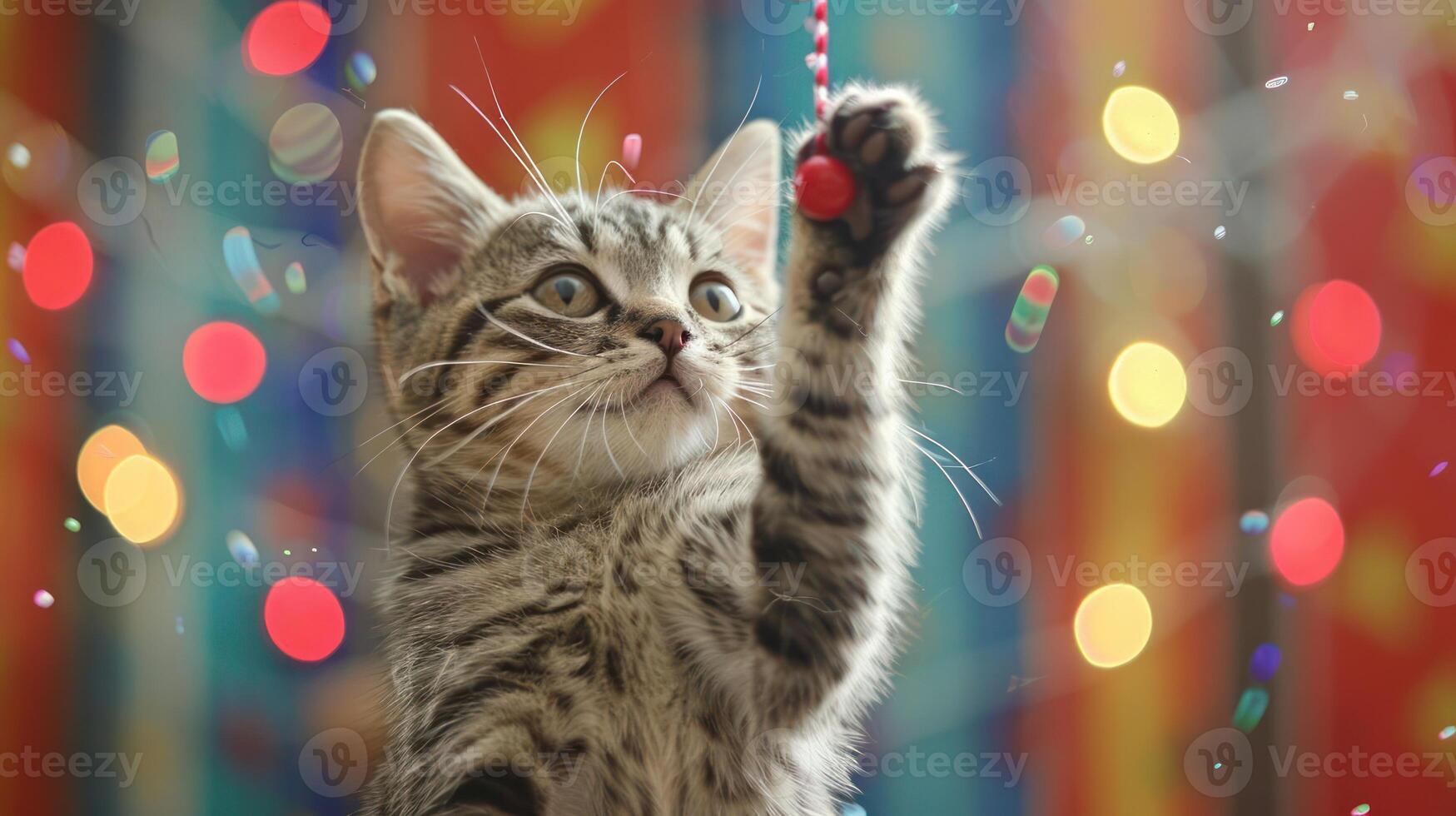 A playful kitten reaching for a colorful string amidst festive decorations. photo