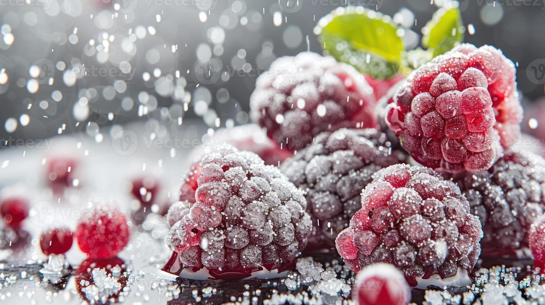 A close-up of frosted raspberries with droplets, showcasing freshness and vibrancy. photo