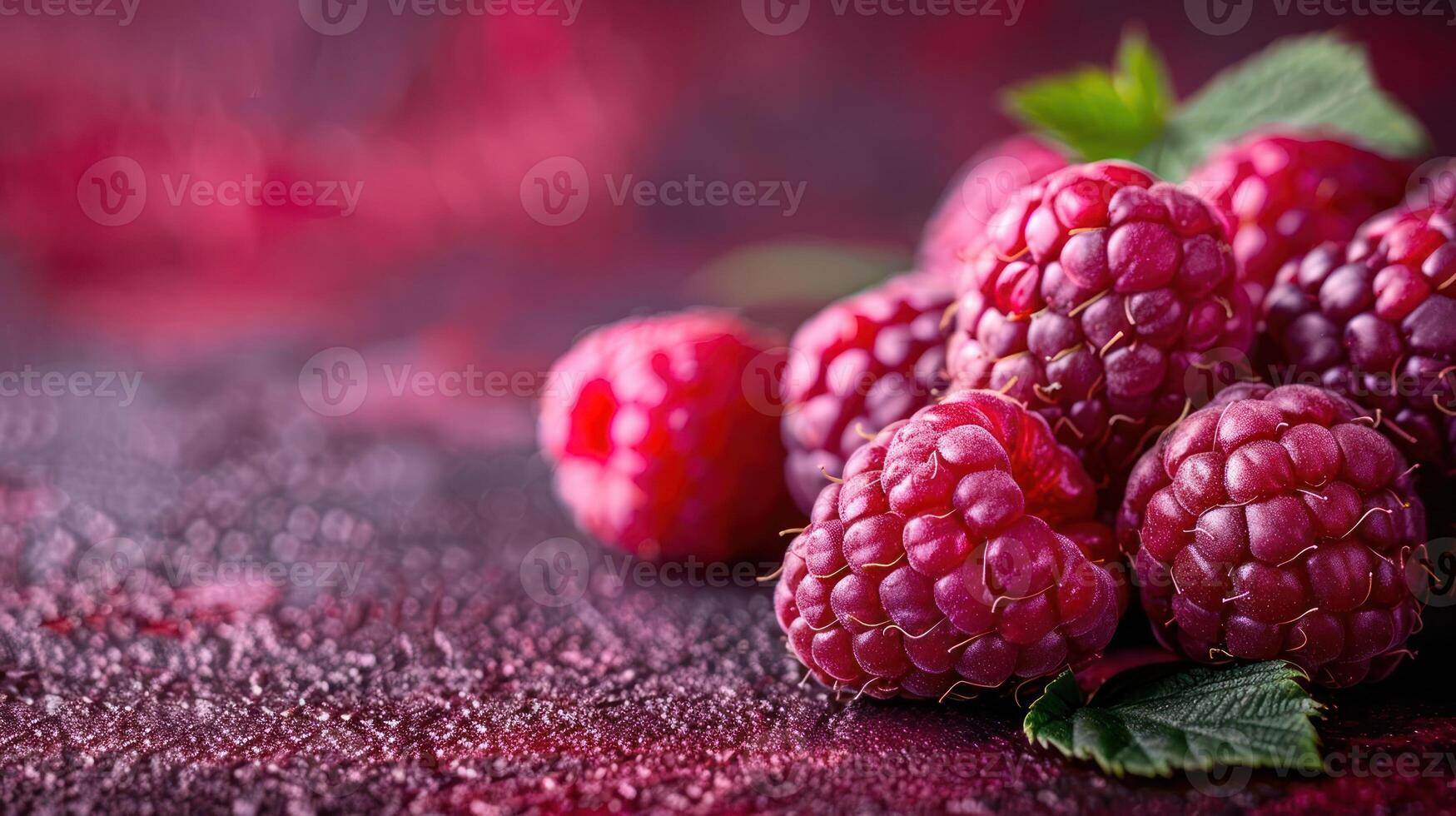 A close-up of fresh raspberries on a textured surface, highlighting their vibrant color and detail. photo
