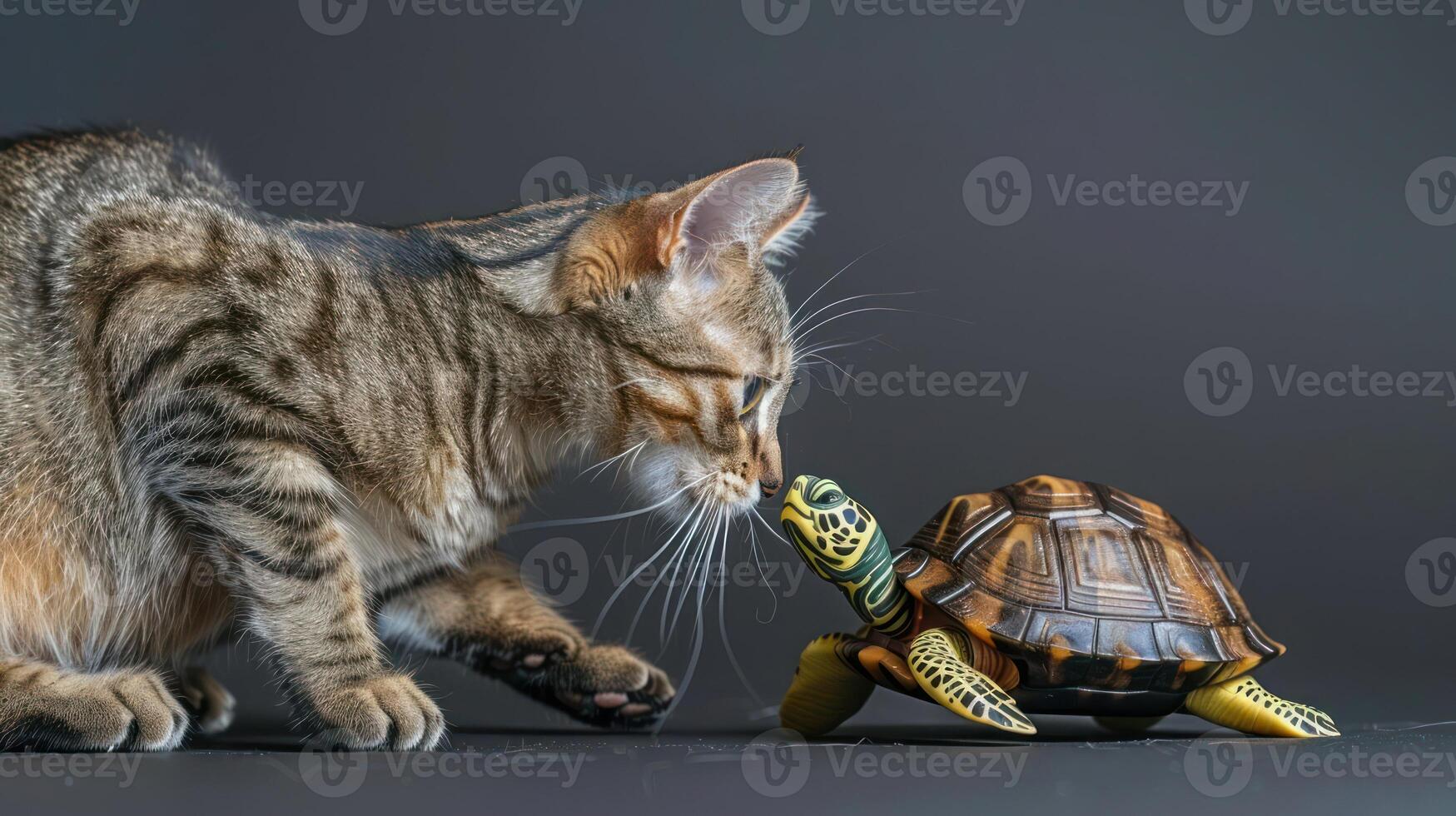 A cat curiously approaches a turtle in a playful interaction. photo