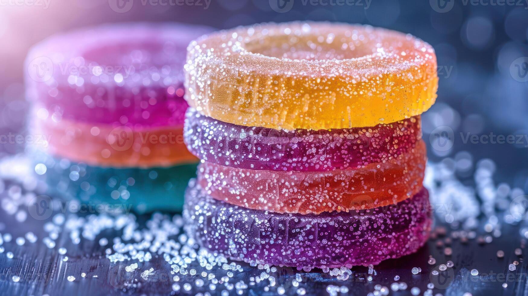 Colorful stacked gummy candies with a sugary coating on a dark background. photo