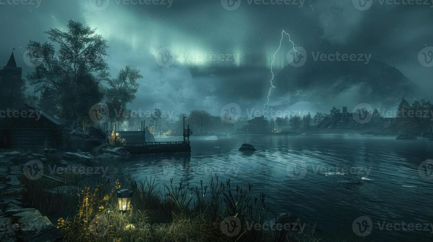 A serene lakeside scene under a dramatic sky with northern lights and lightning. photo
