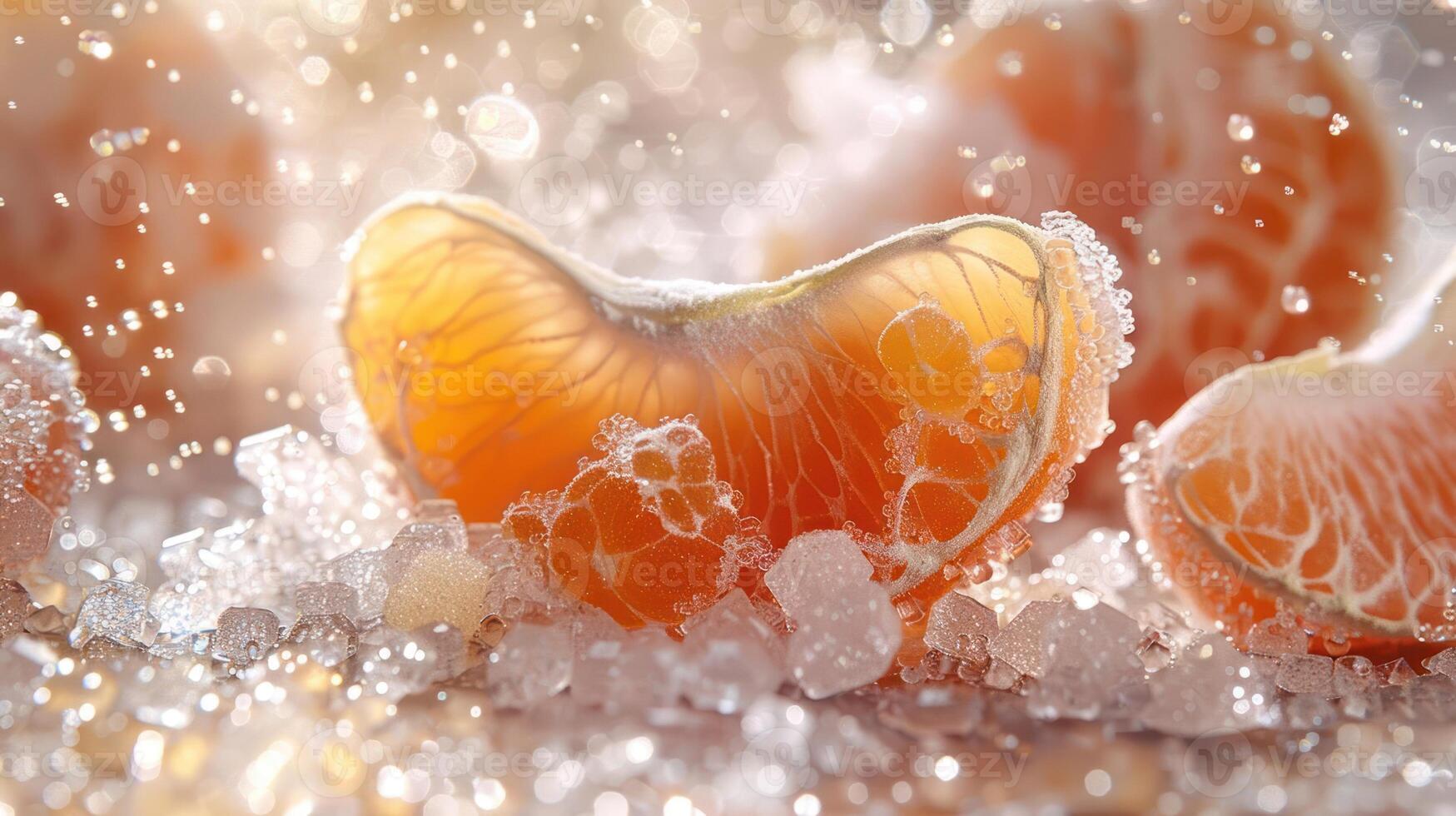 A close-up of frozen tangerine segments surrounded by sugar crystals and sparkling droplets. photo