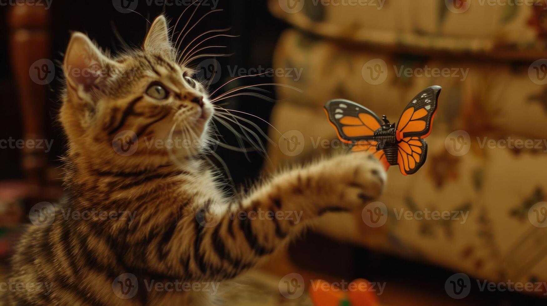 A playful cat reaches for a vibrant butterfly in a cozy indoor setting. photo