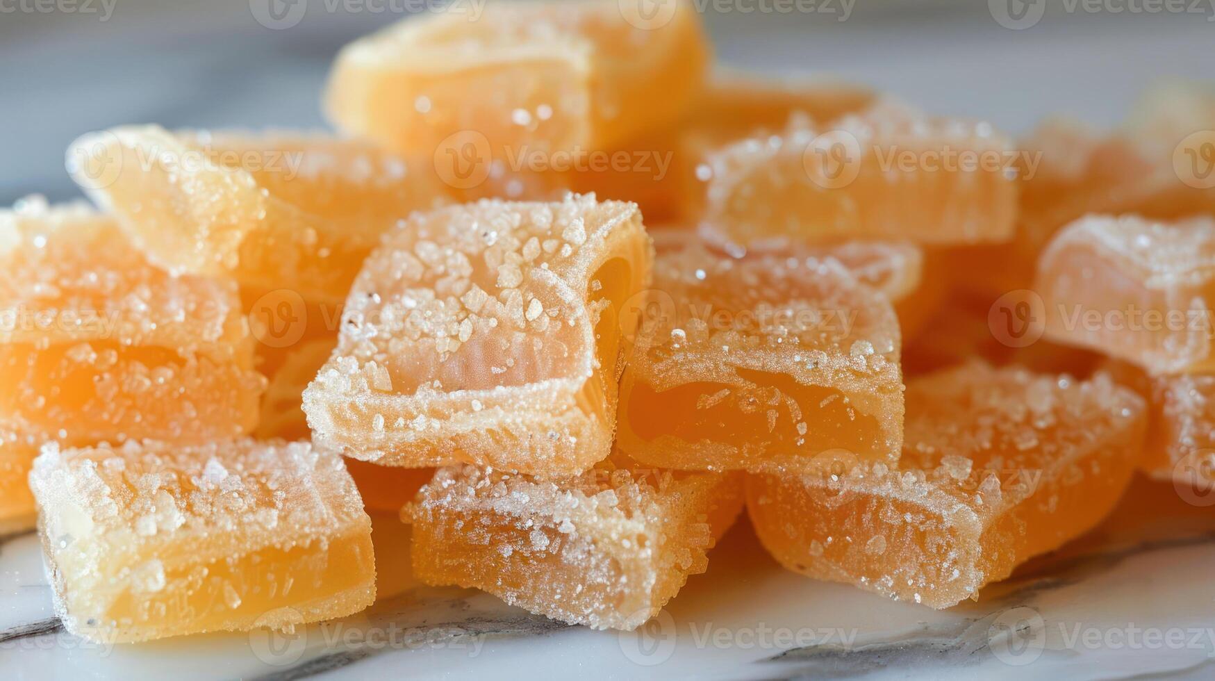 A pile of sugary, orange-colored gummy candies on a marble surface. photo
