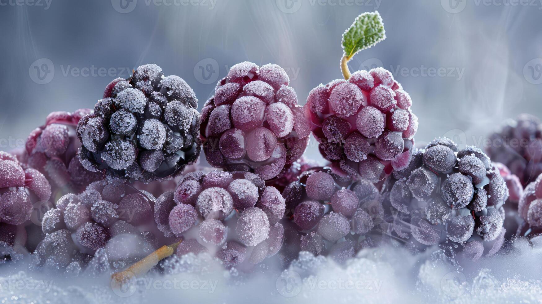 Frost-covered grapes arranged aesthetically on a snowy surface. photo