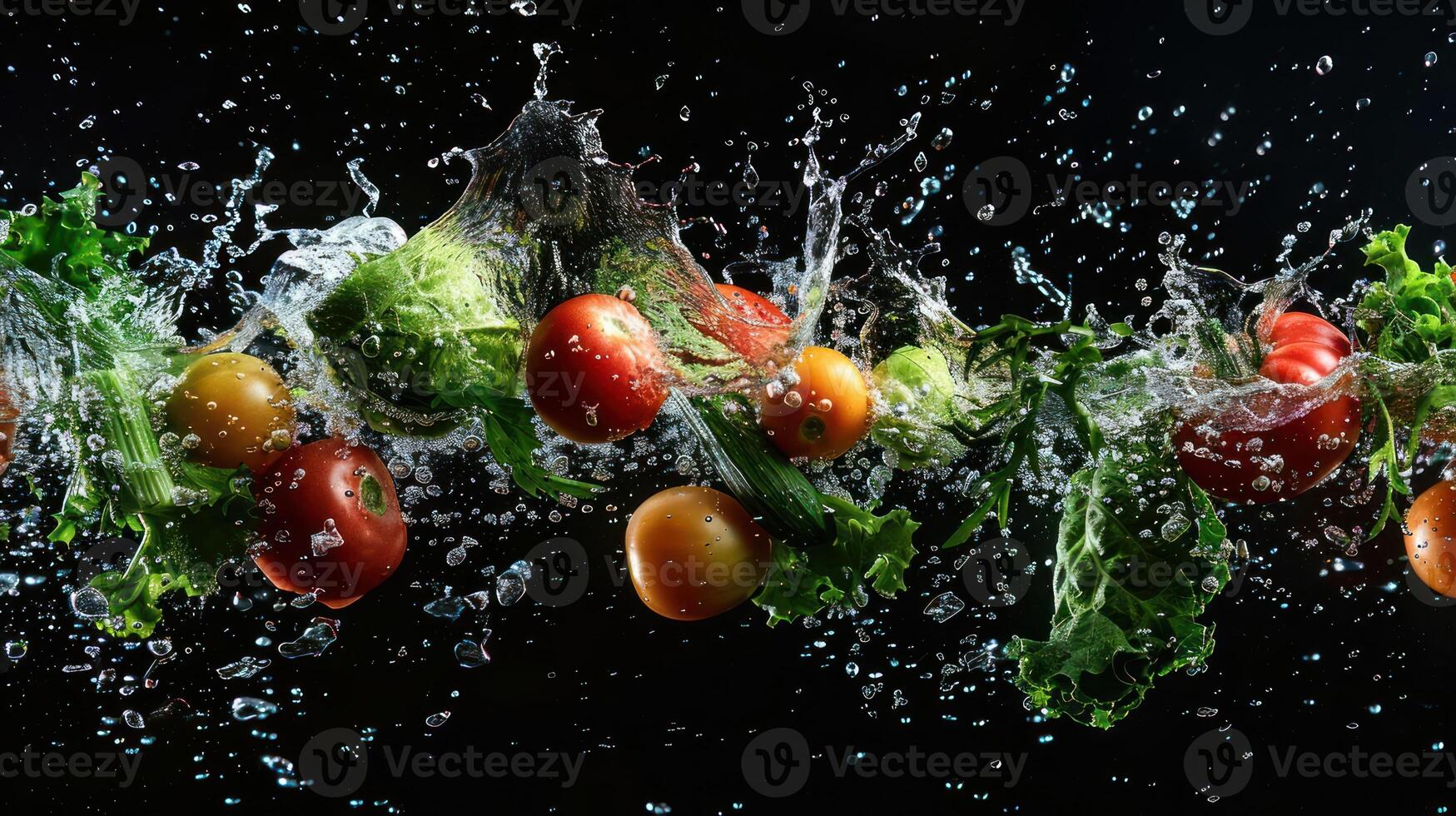 Fresh vegetables splashing in water, showcasing vibrant colors and textures. photo