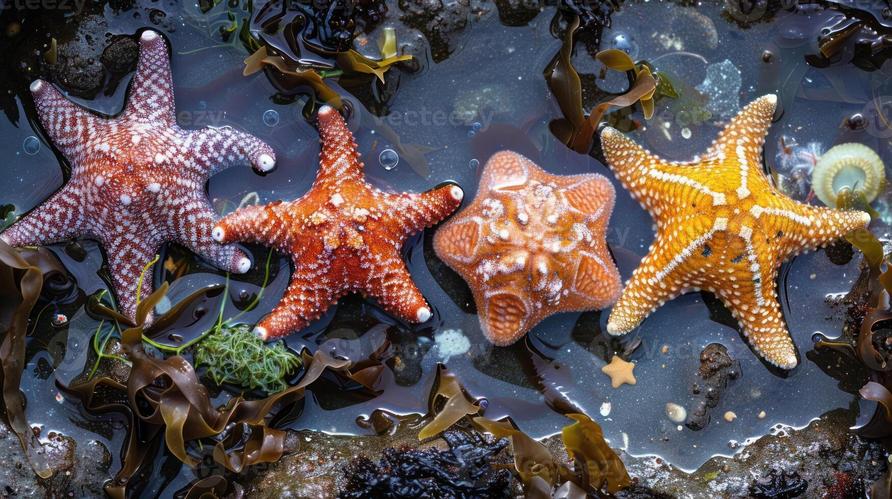 A collection of colorful starfish among seaweed in a tidal pool. photo