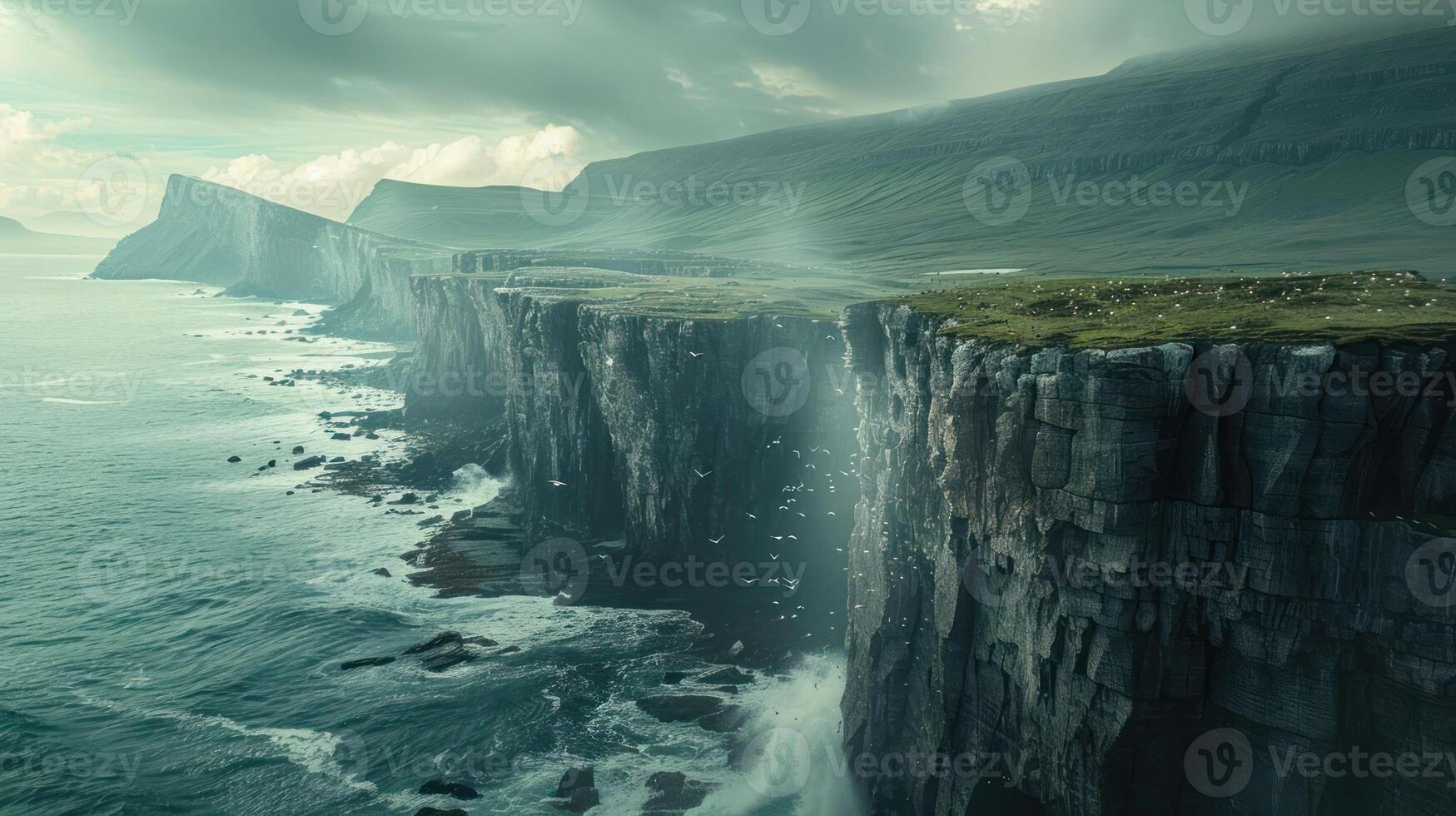A dramatic coastal landscape featuring cliffs, a waterfall, and a misty atmosphere. photo