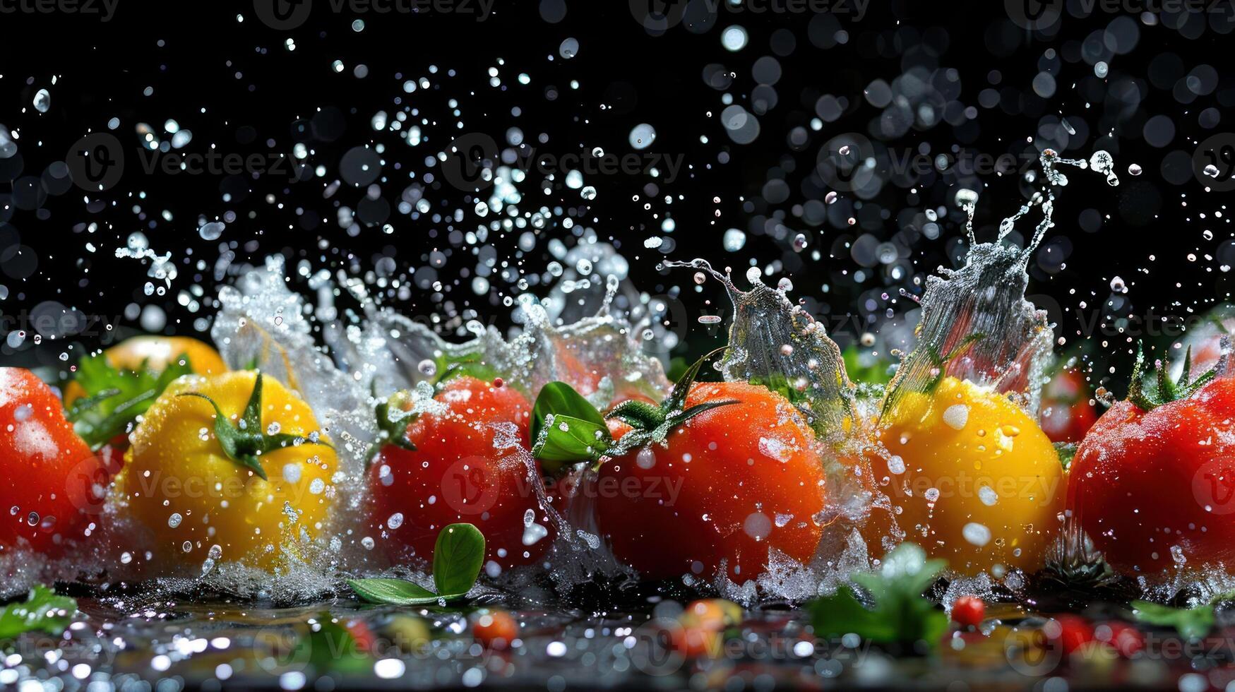 Fresh tomatoes splashing in water, showcasing vibrant colors and dynamic movement. photo