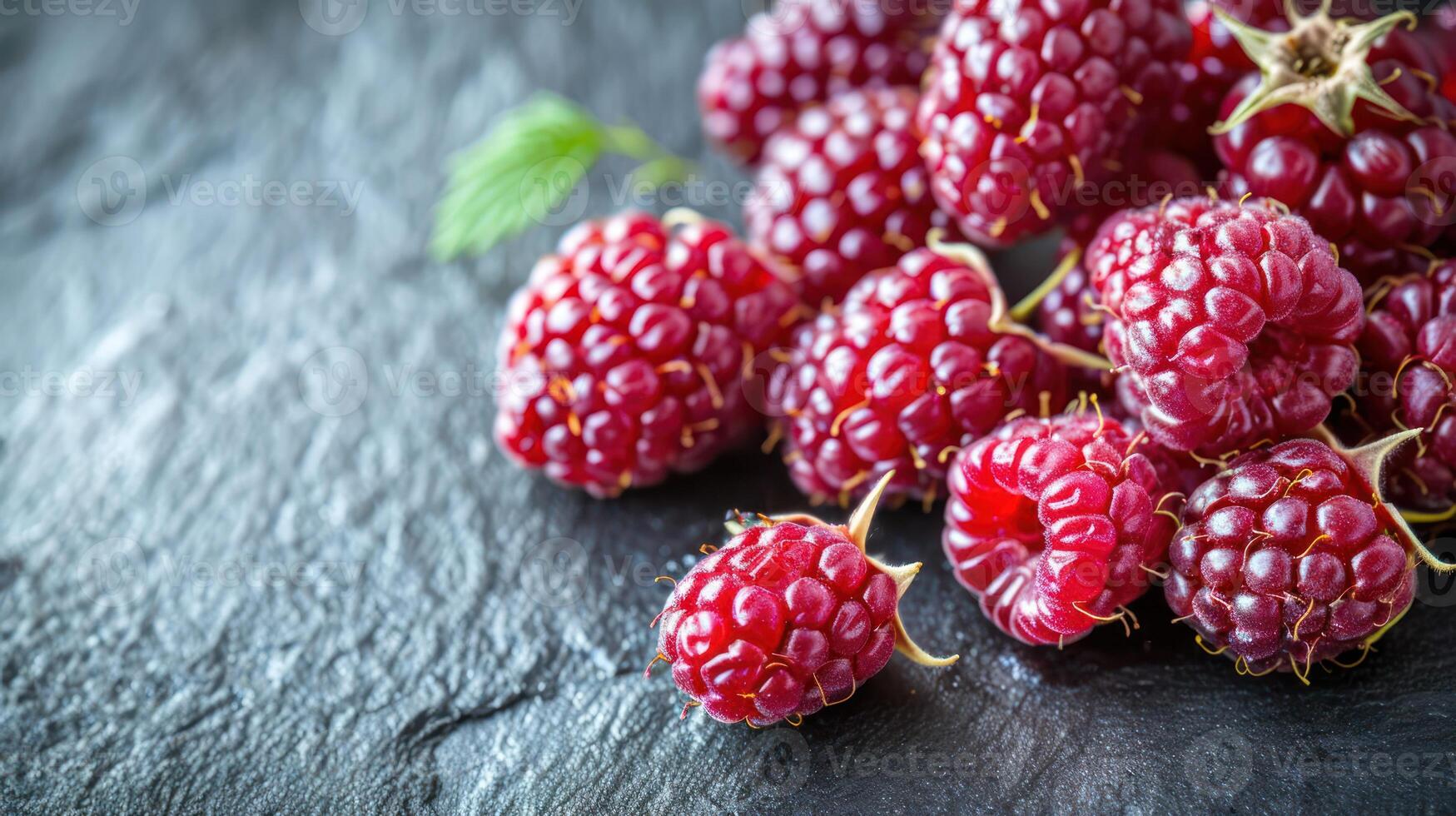 A close-up of fresh raspberries on a dark stone surface, highlighting their vibrant color. photo