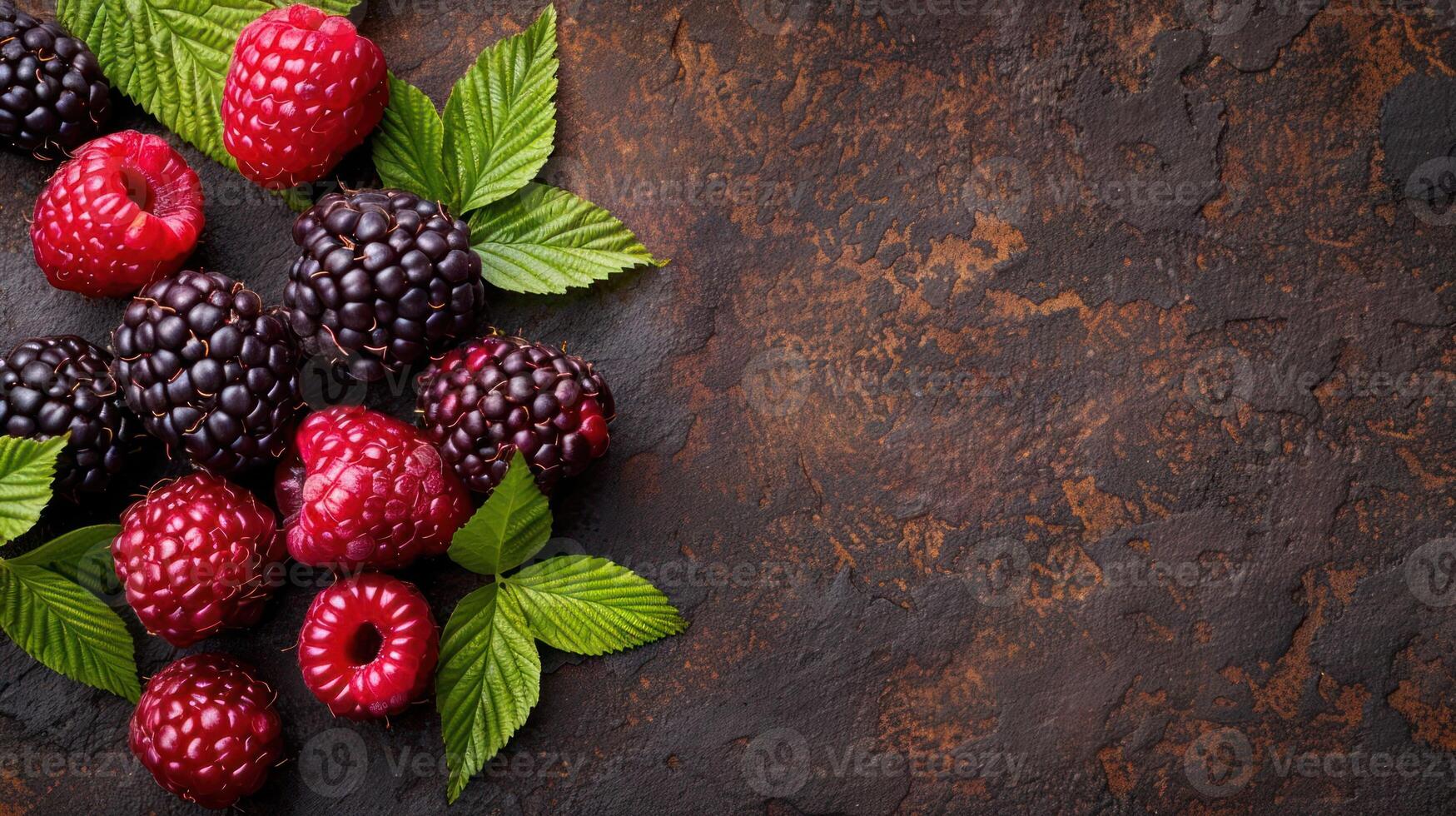 A vibrant arrangement of raspberries and blackberries with green leaves on a textured surface. photo