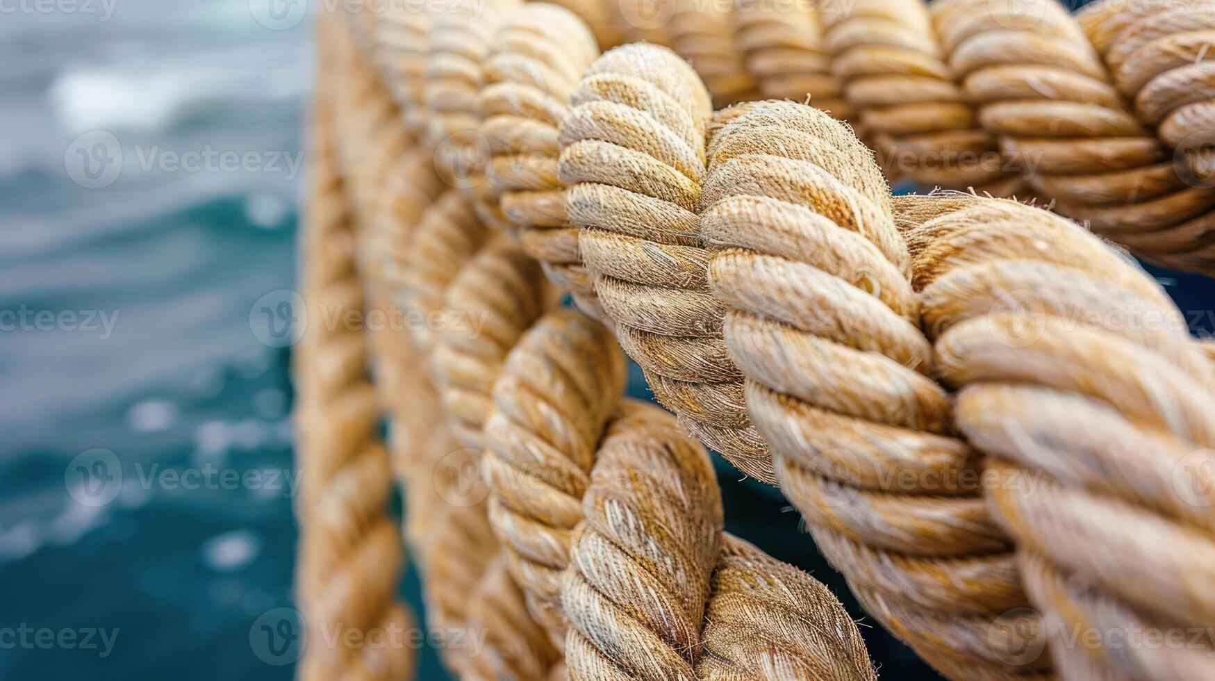 A close-up of intertwined rope against a backdrop of water. photo