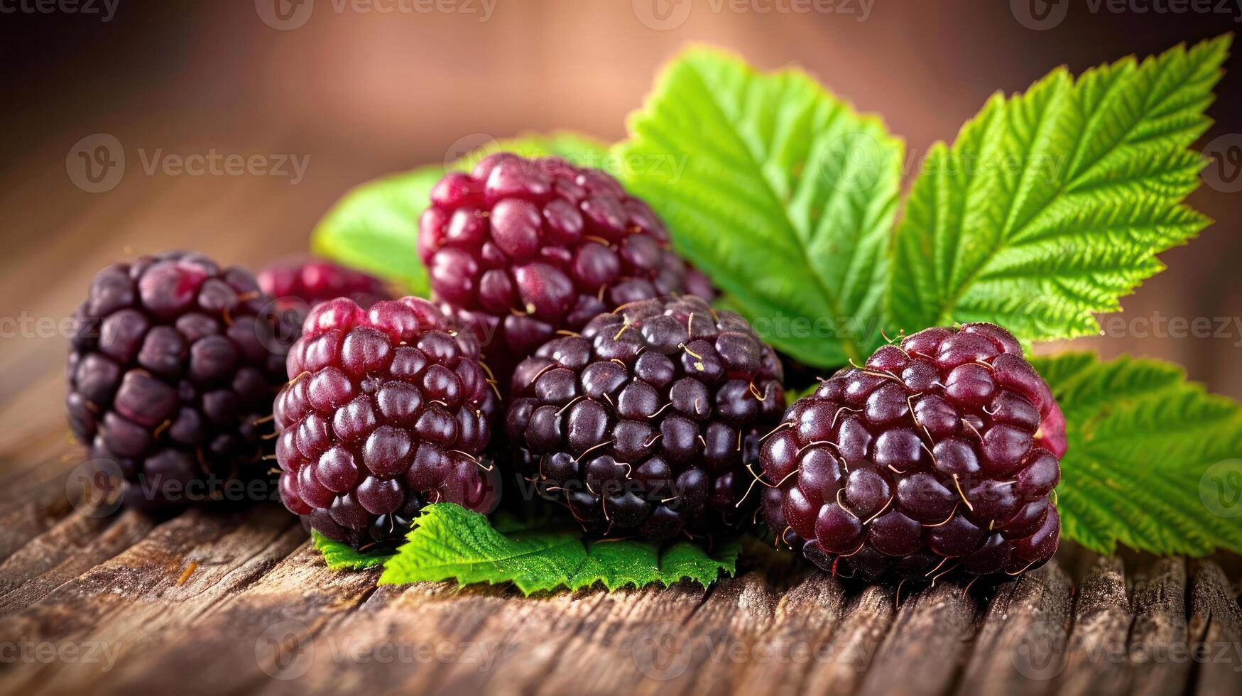 A cluster of fresh blackberries surrounded by green leaves on a wooden surface. photo