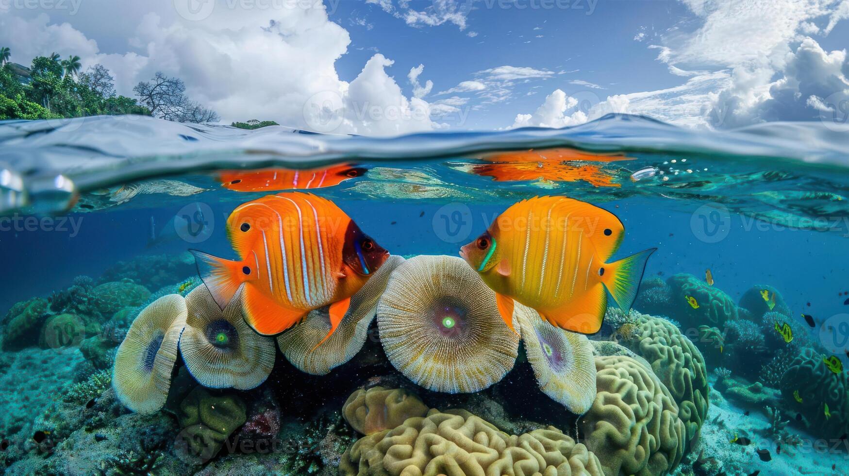 Vibrant underwater scene featuring colorful fish and coral formations. photo
