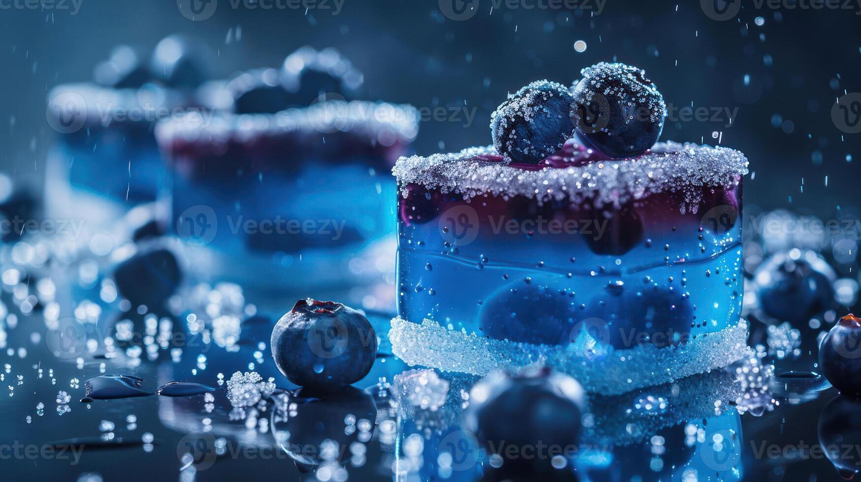Colorful gelatin desserts garnished with blueberries and sugar, set against a moody backdrop. photo