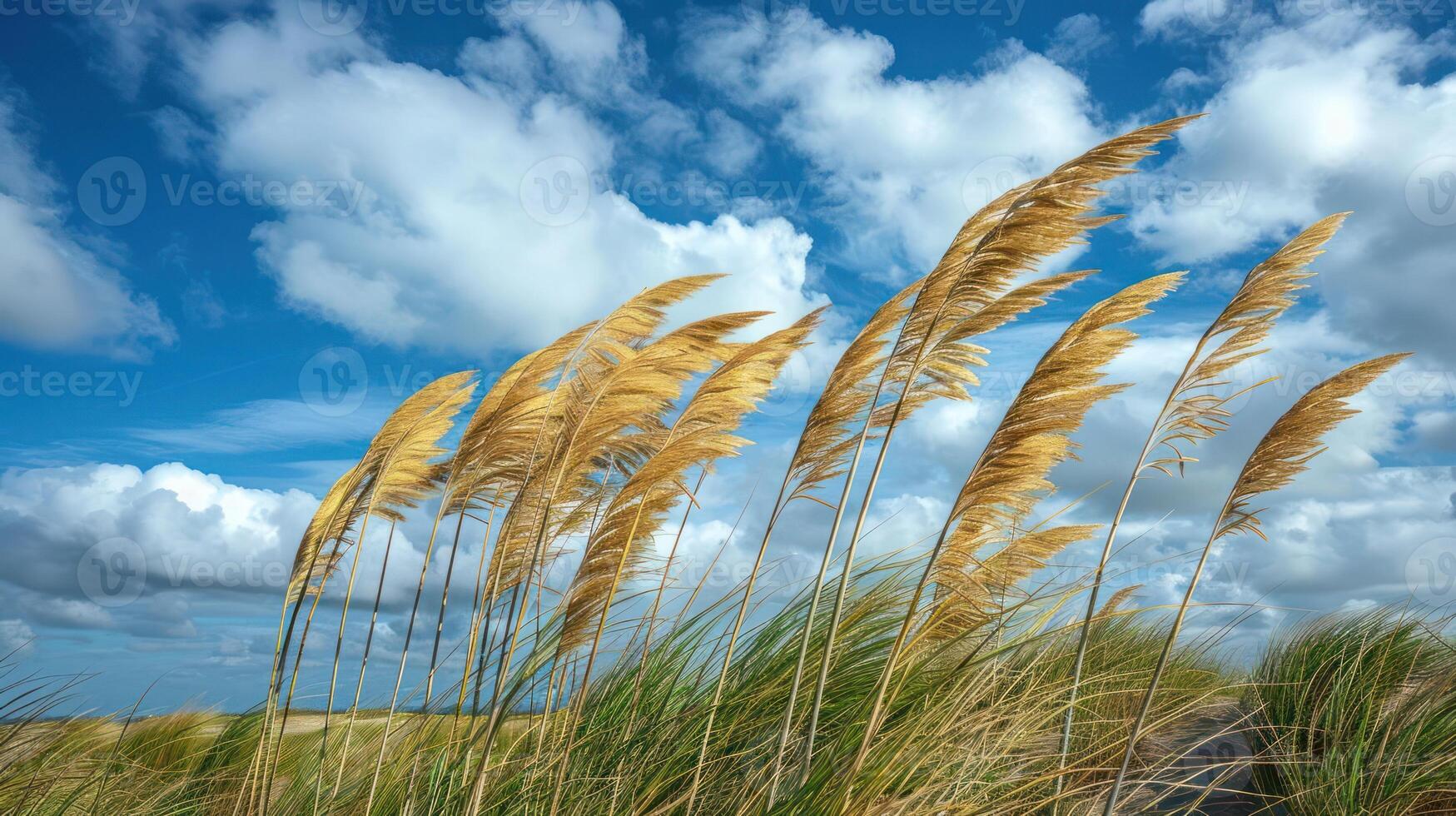 A serene landscape featuring tall grasses swaying under a blue sky with fluffy clouds. photo