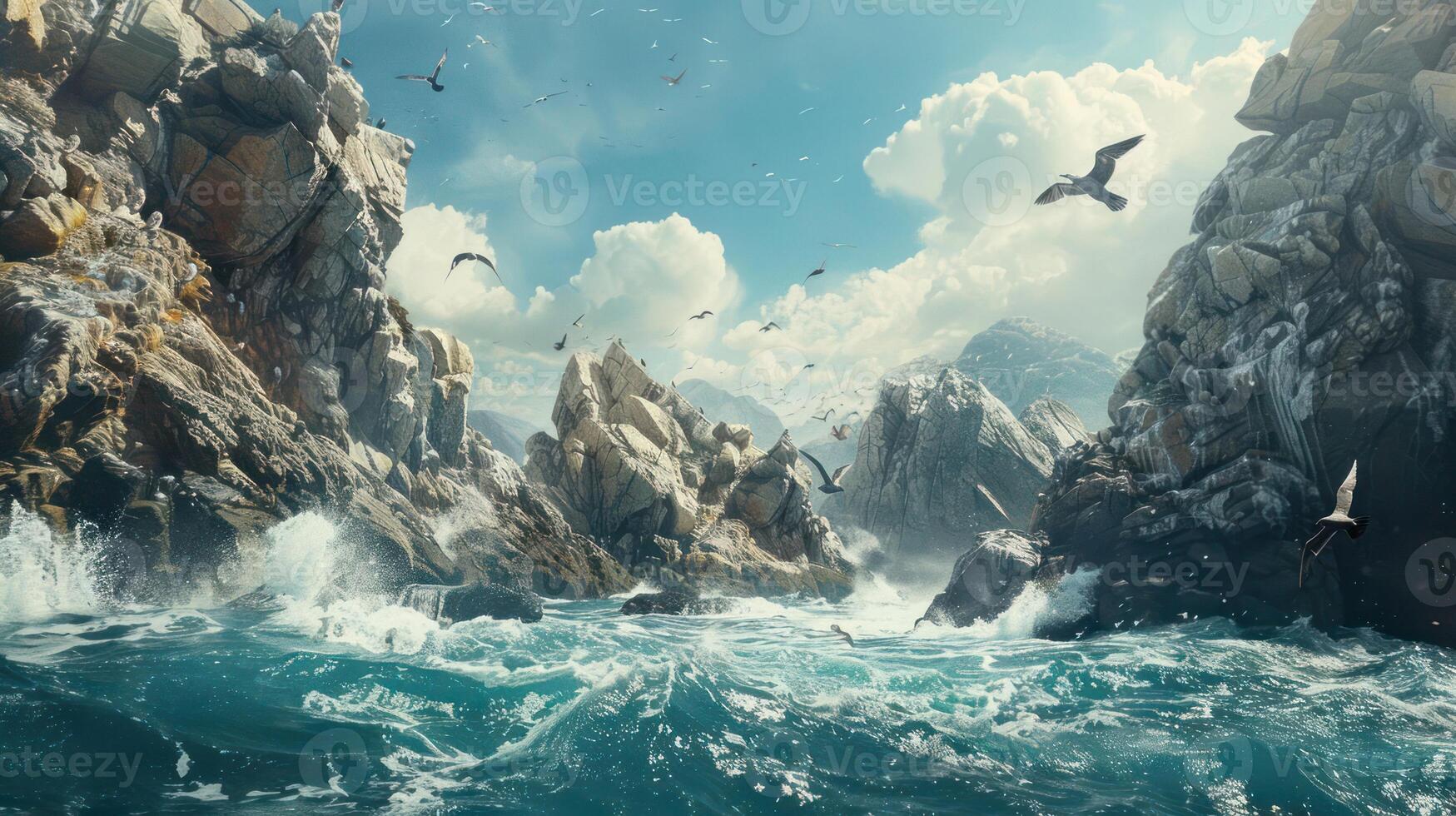 A serene coastal scene with rocky cliffs, turbulent waves, and birds soaring in the sky. photo