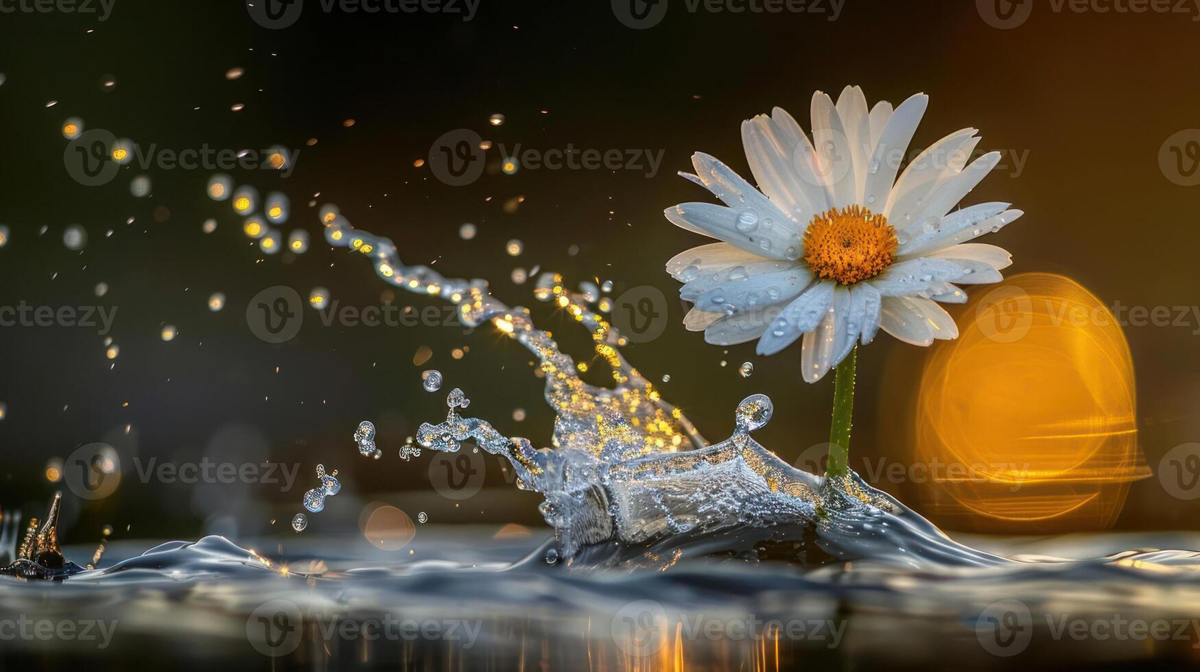 A daisy stands amidst splashing water, illuminated by a warm, blurred background. photo